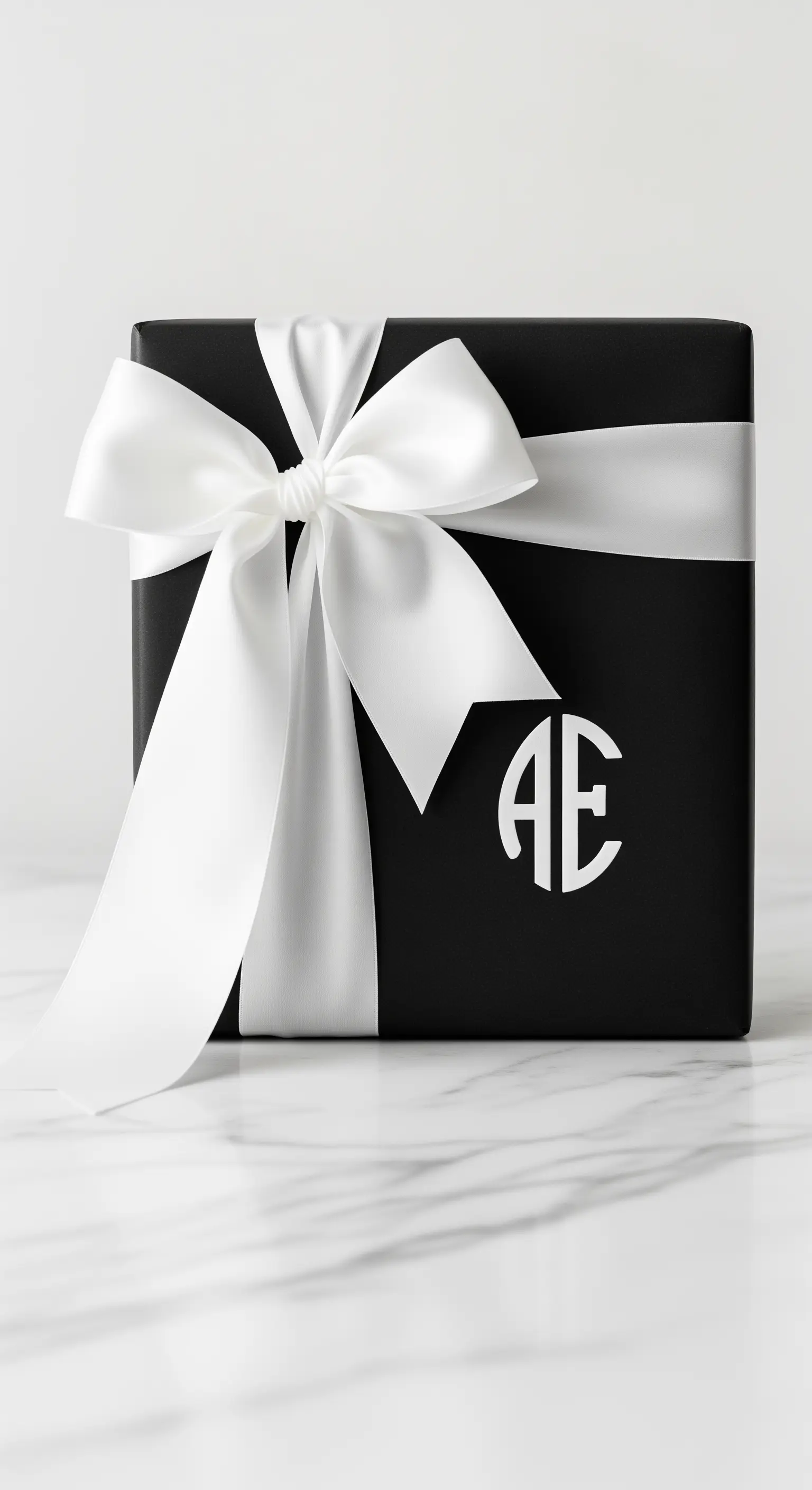Pacco regalo nero opaco con un grande fiocco di raso bianco e un monogramma personalizzato.