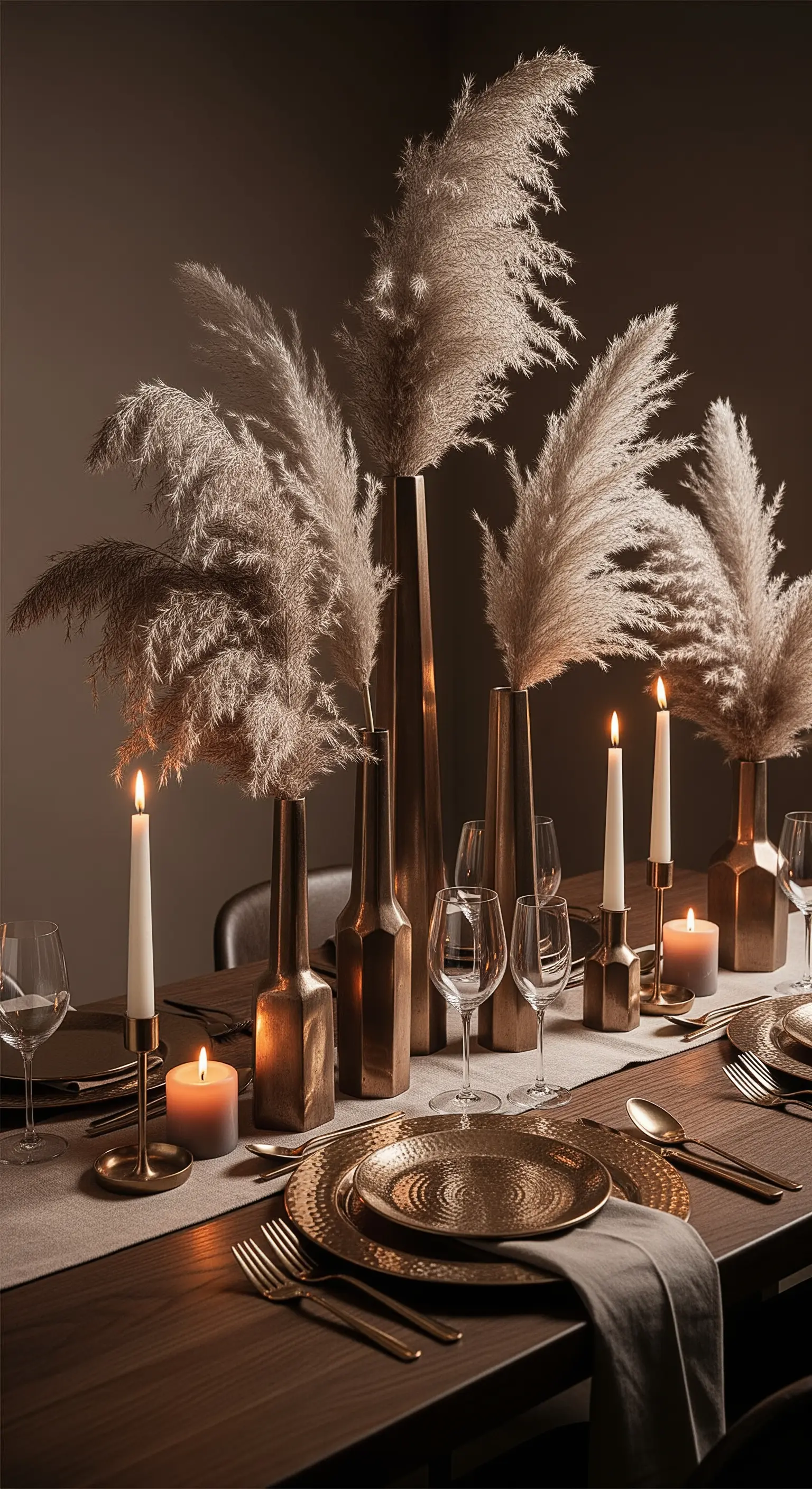 Centrotavola con erba delle pampas in alti vasi di bronzo su tavola elegante.