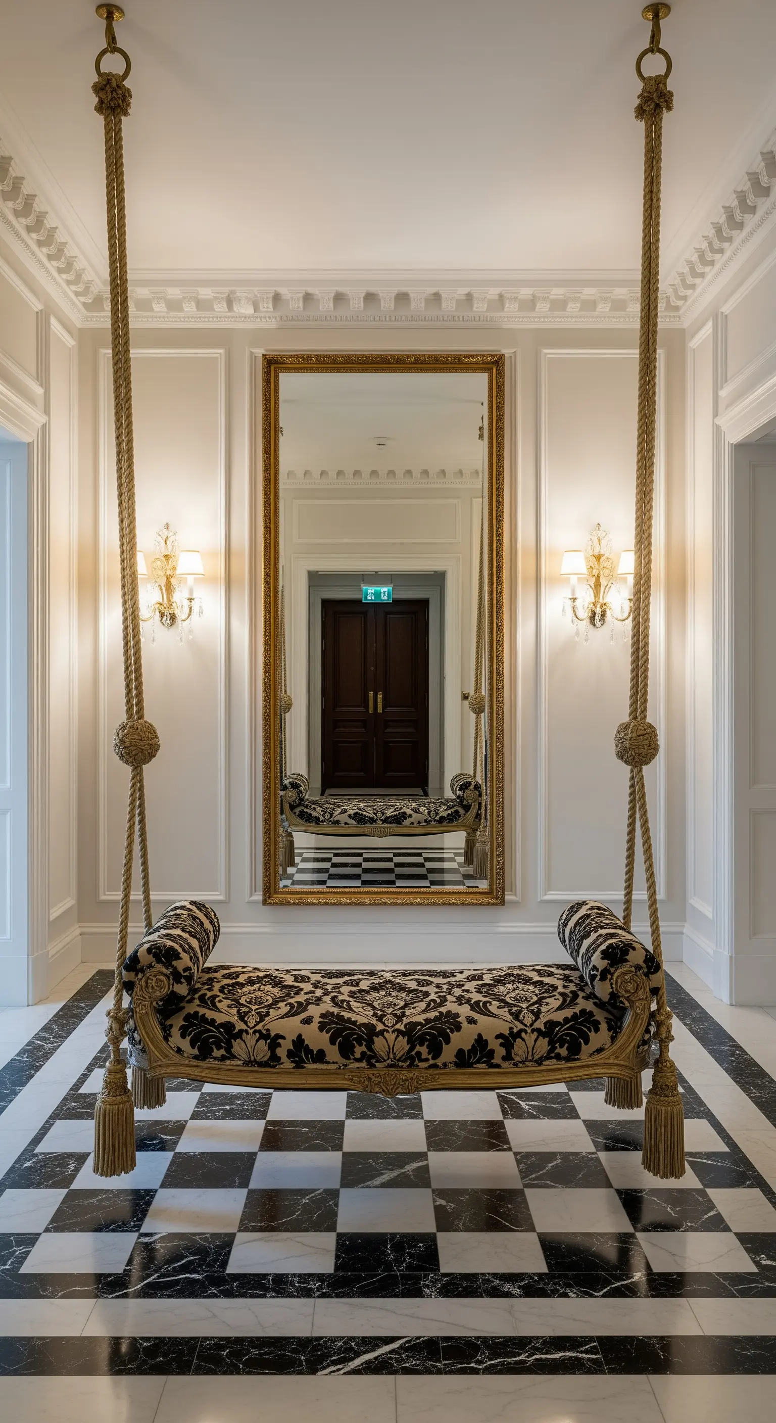 Divanetto classico damascato sospeso con corde e nappe in un atrio con pavimento a scacchi.