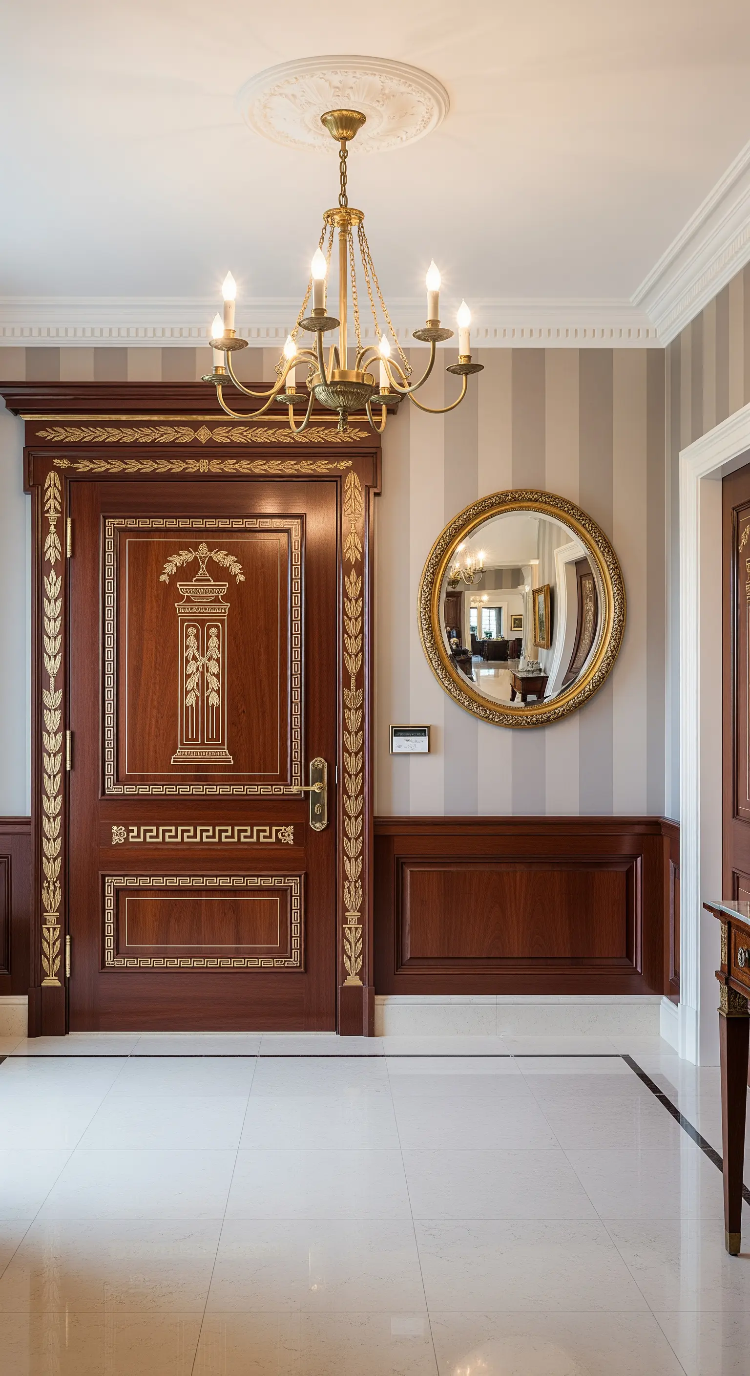 Ingresso neoclassico con porta in mogano con dettagli dorati, carta da parati a righe e specchio tondo.