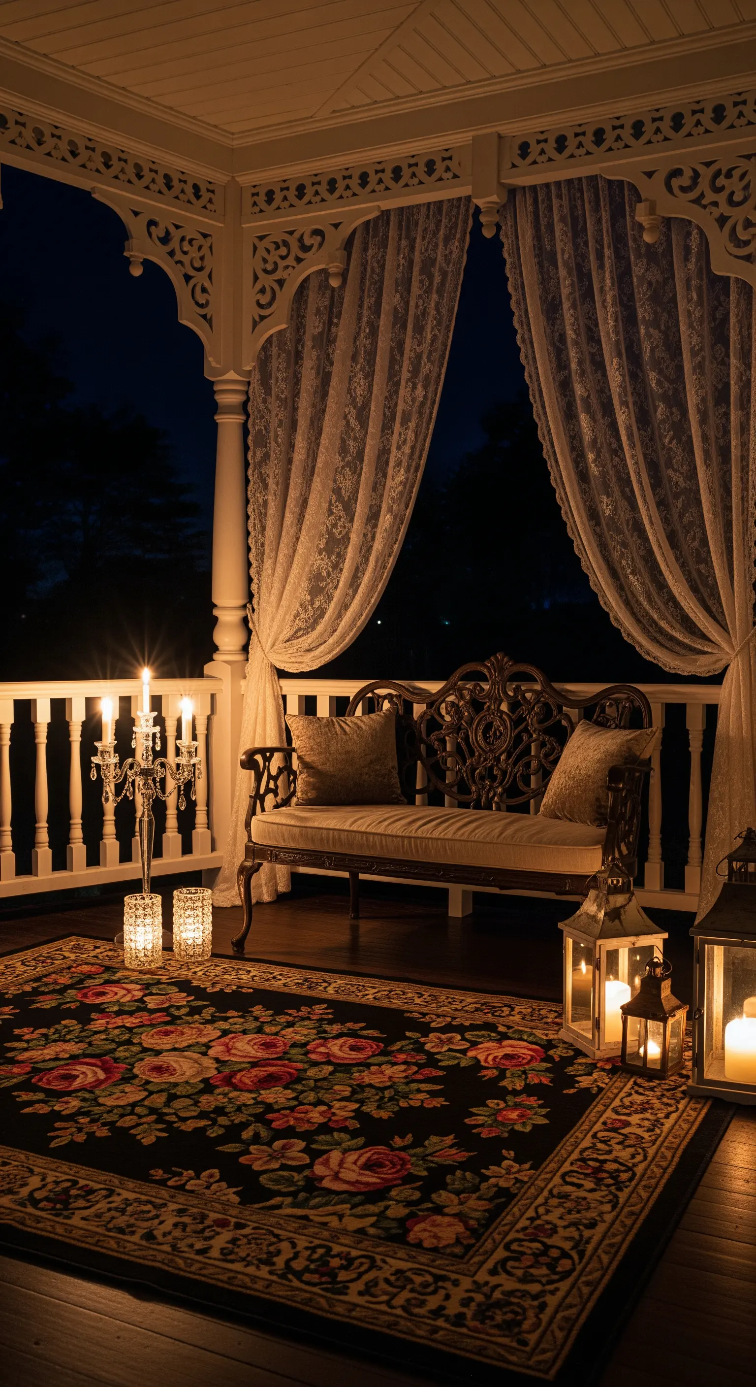 Gazebo vittoriano di notte con panca intagliata, tende in pizzo e tappeto floreale scuro.