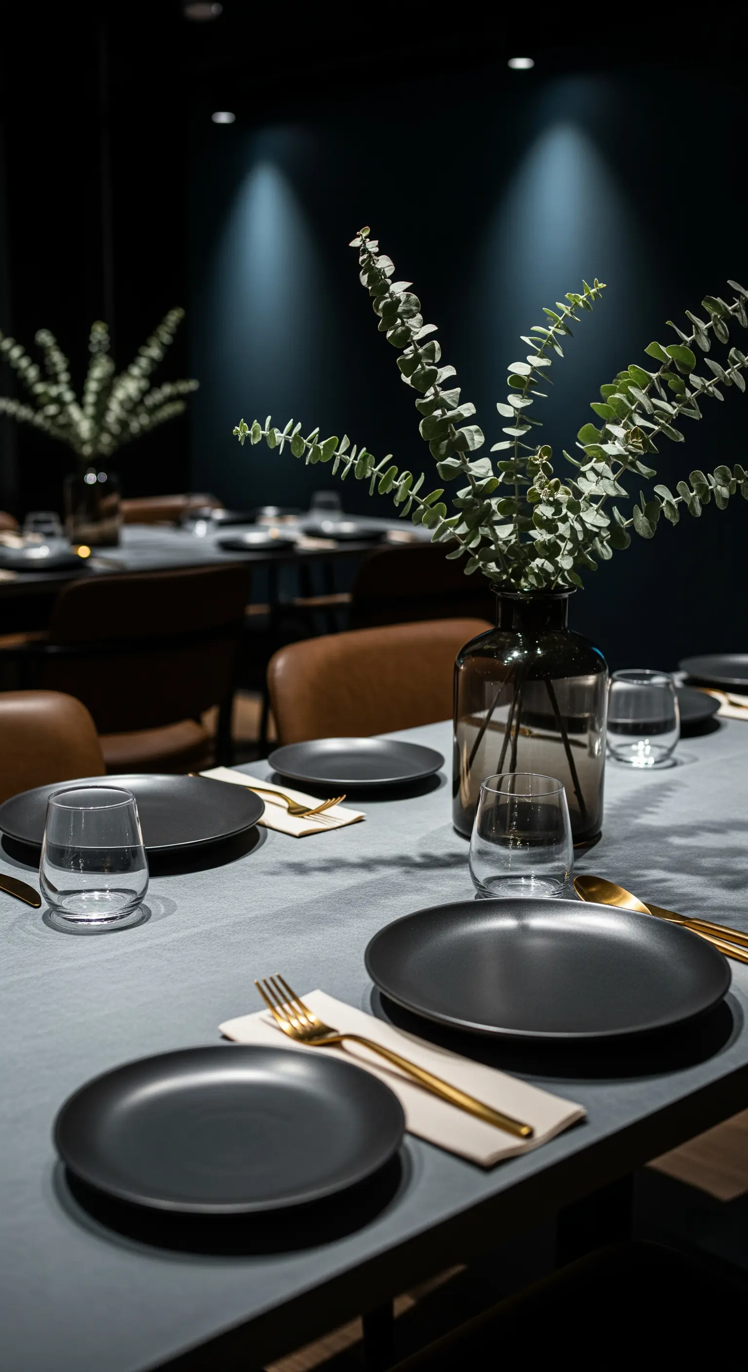 Tavola elegante con piatti neri, posate oro e centrotavola di eucalipto.