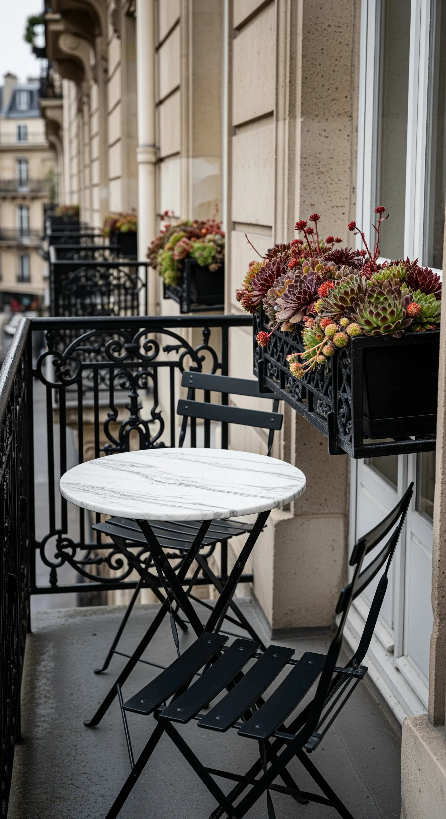Balcone parigino con tavolo in marmo, sedie in ferro battuto nero e fioriere coordinate.