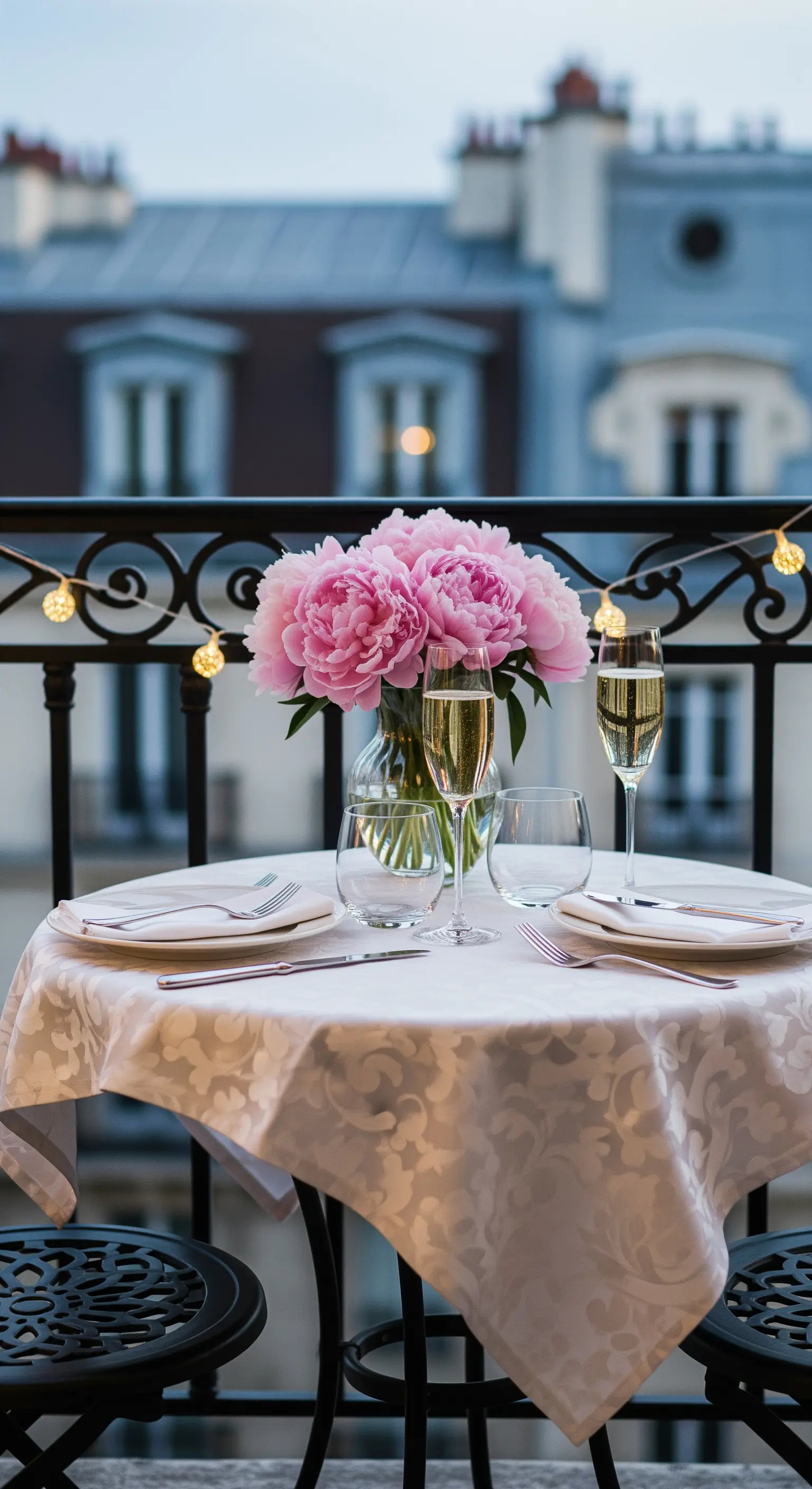 Balcone parigino con peonie rosa, champagne e un filo di luci calde sulla ringhiera.