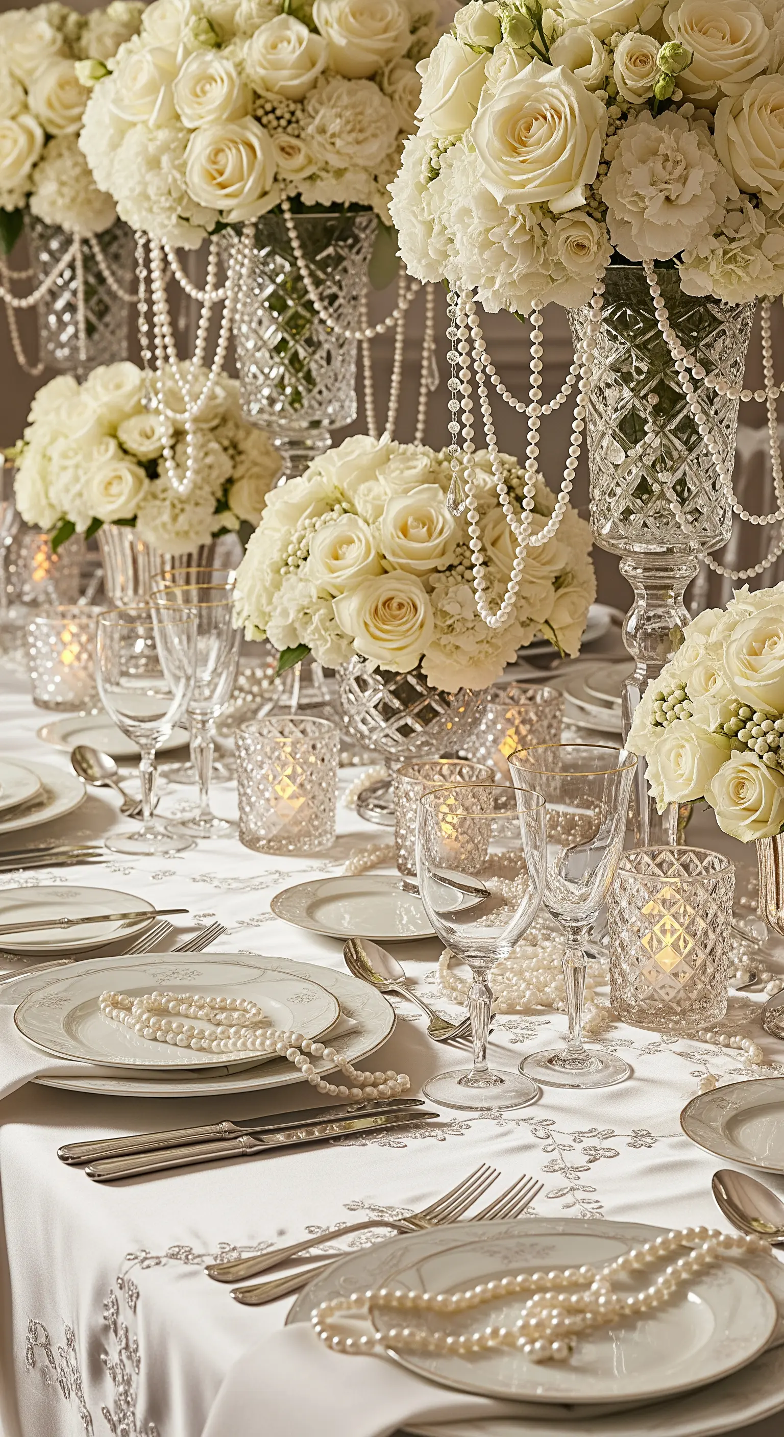 Tavola elegante total white con rose bianche, vasi di cristallo e fili di perle.