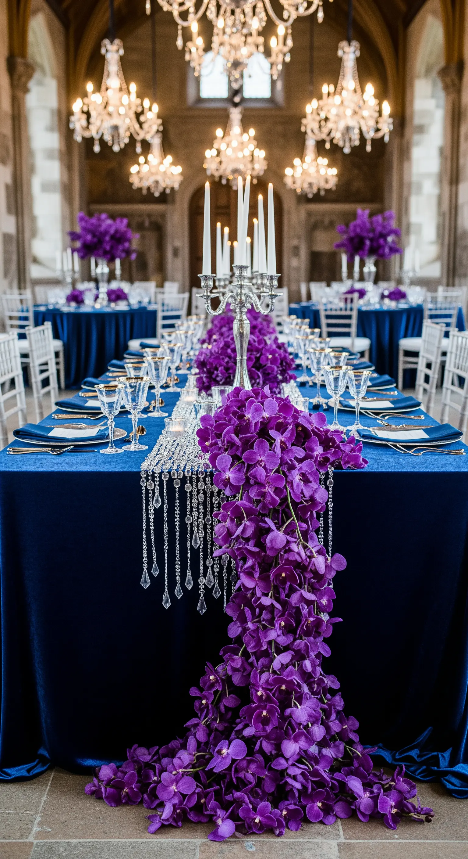 Tavolo imperiale blu con runner di cristalli e una cascata di orchidee viola acceso.