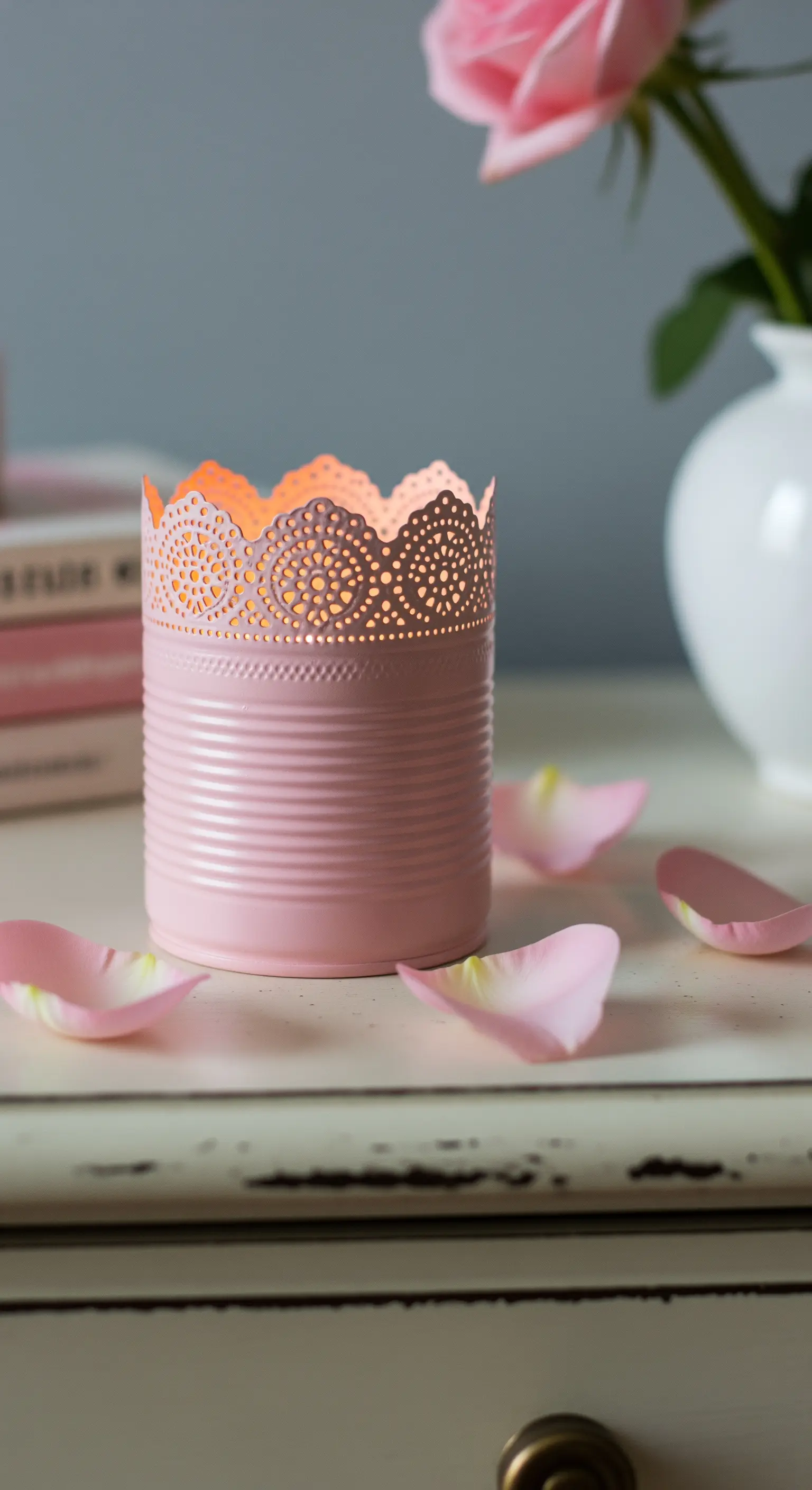 Portacandela rosa pastello con il bordo superiore tagliato e traforato a imitazione del pizzo.