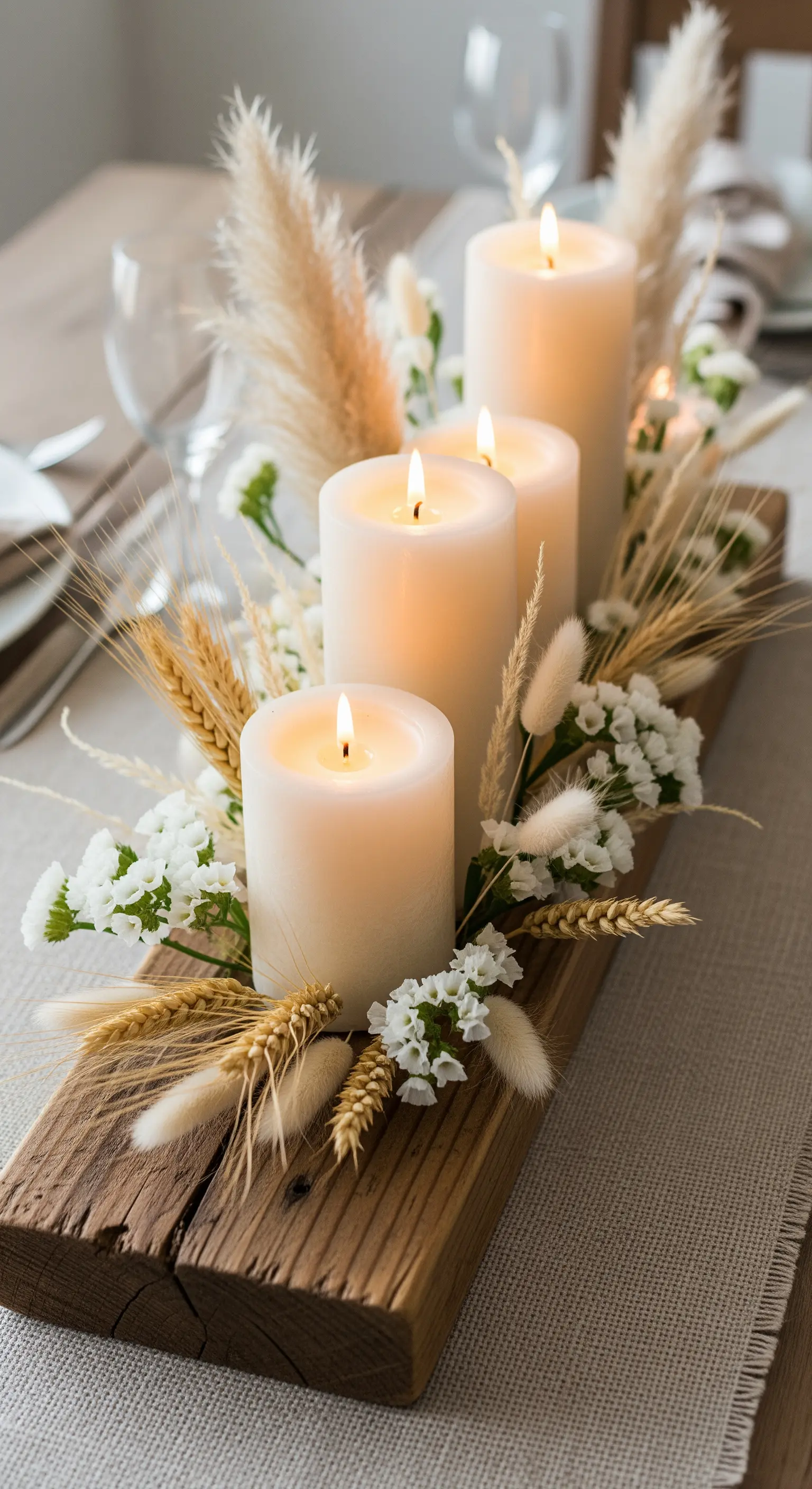 Centrotavola rustico con candele a colonna su asse di legno e spighe di grano.
