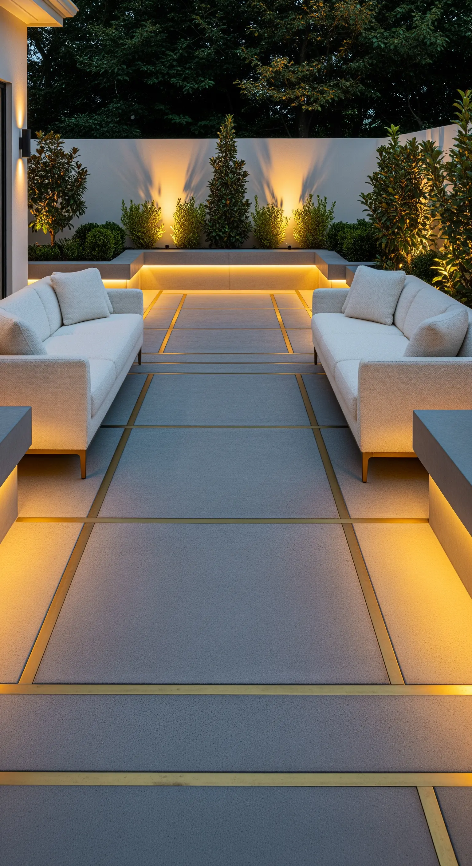 Patio simmetrico con due divani bianchi, illuminazione integrata e fughe in ottone sul pavimento.