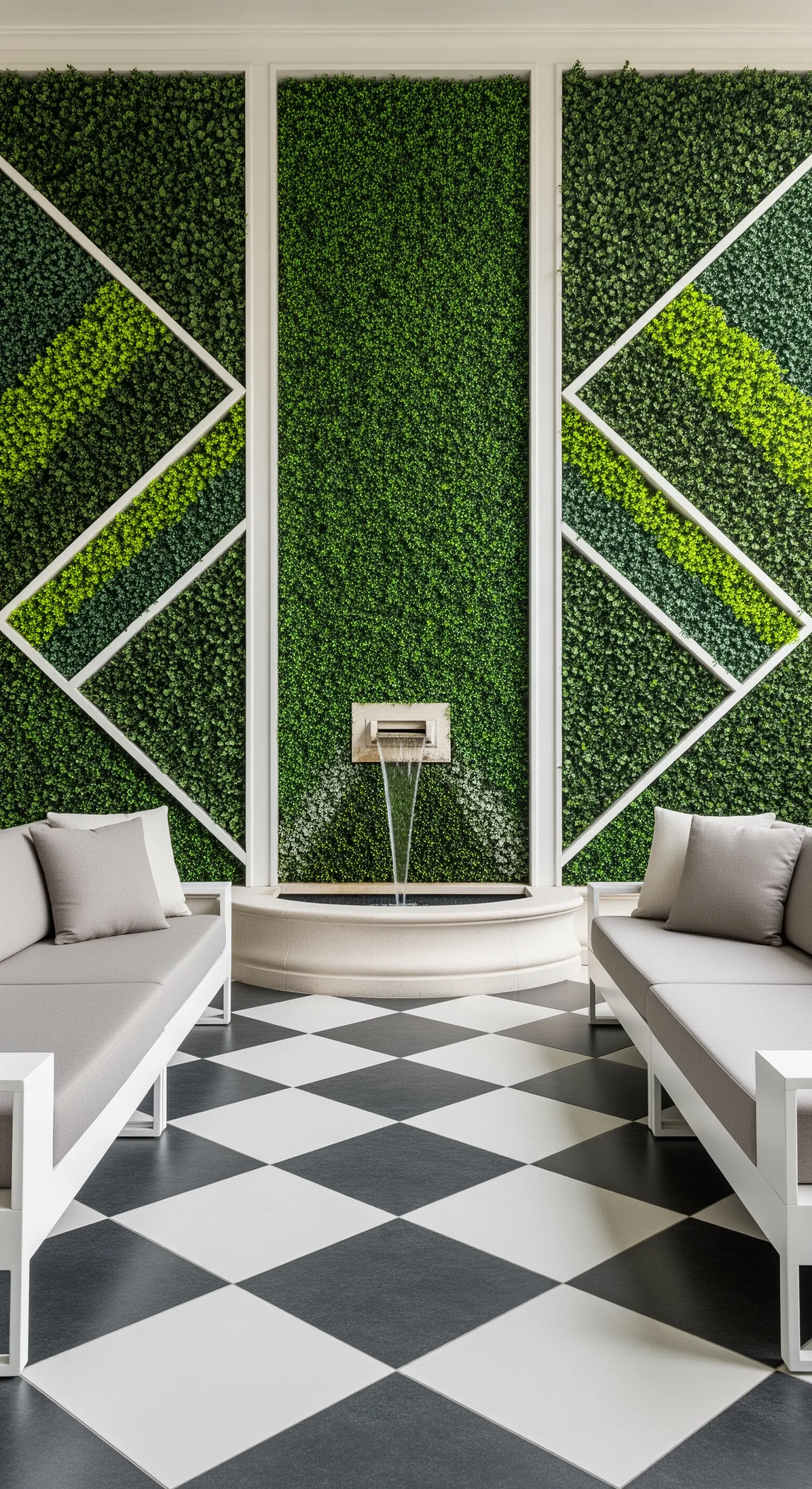Patio simmetrico con due chaise longue, una fontana centrale e una parete verde a motivi geometrici.