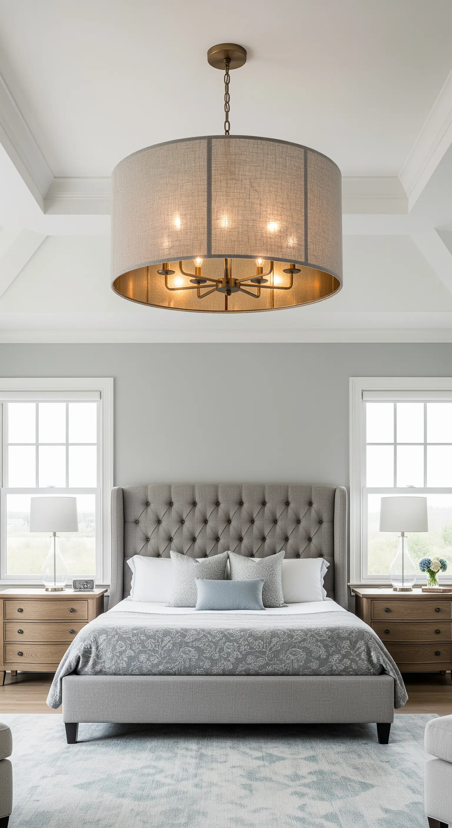 Grande lampadario a tamburo in lino con struttura interna a candelabro in una camera da letto grigia.