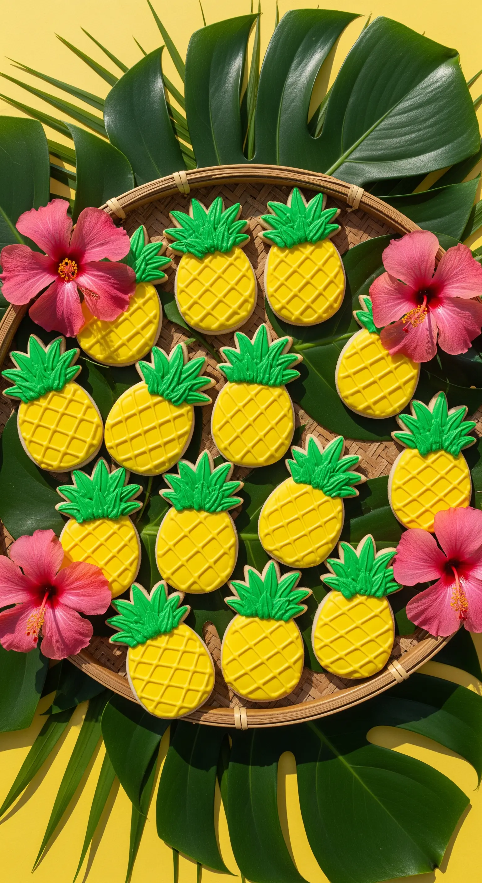 Biscotti a forma di ananas decorati con glassa gialla e verde su un vassoio di vimini.