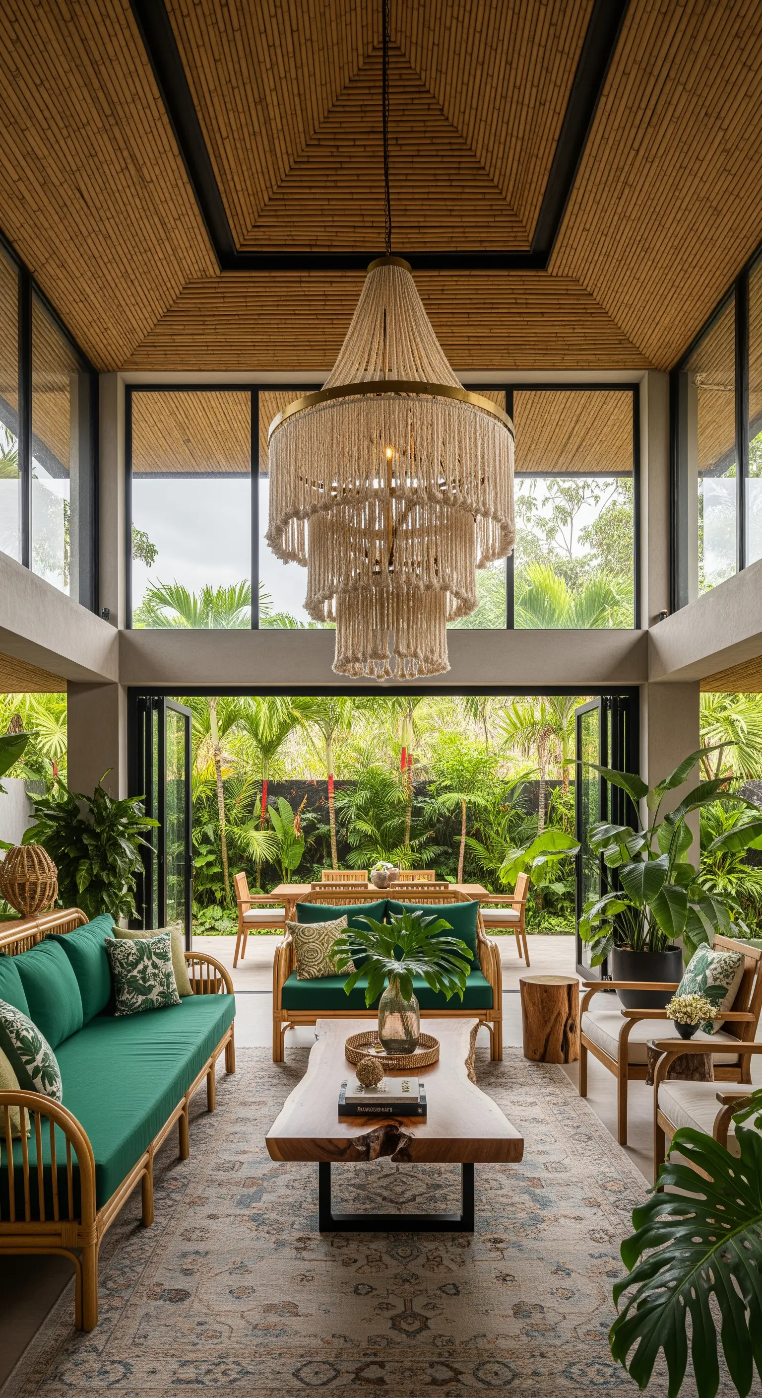 Salotto in stile tropicale con soffitto in bambù e un imponente lampadario di perline a cascata.