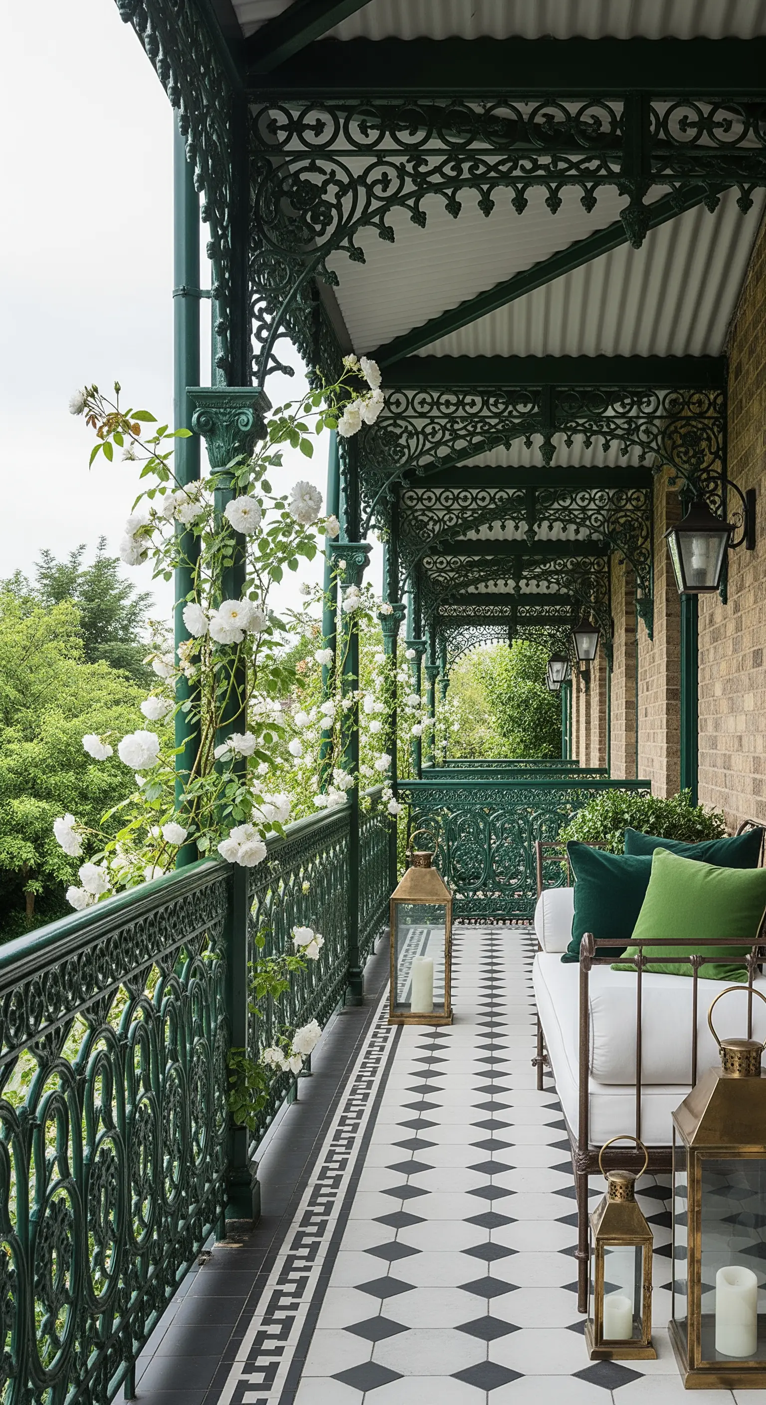 Balcone vittoriano con ringhiera in ferro battuto verde, rose bianche e lanterne in ottone.