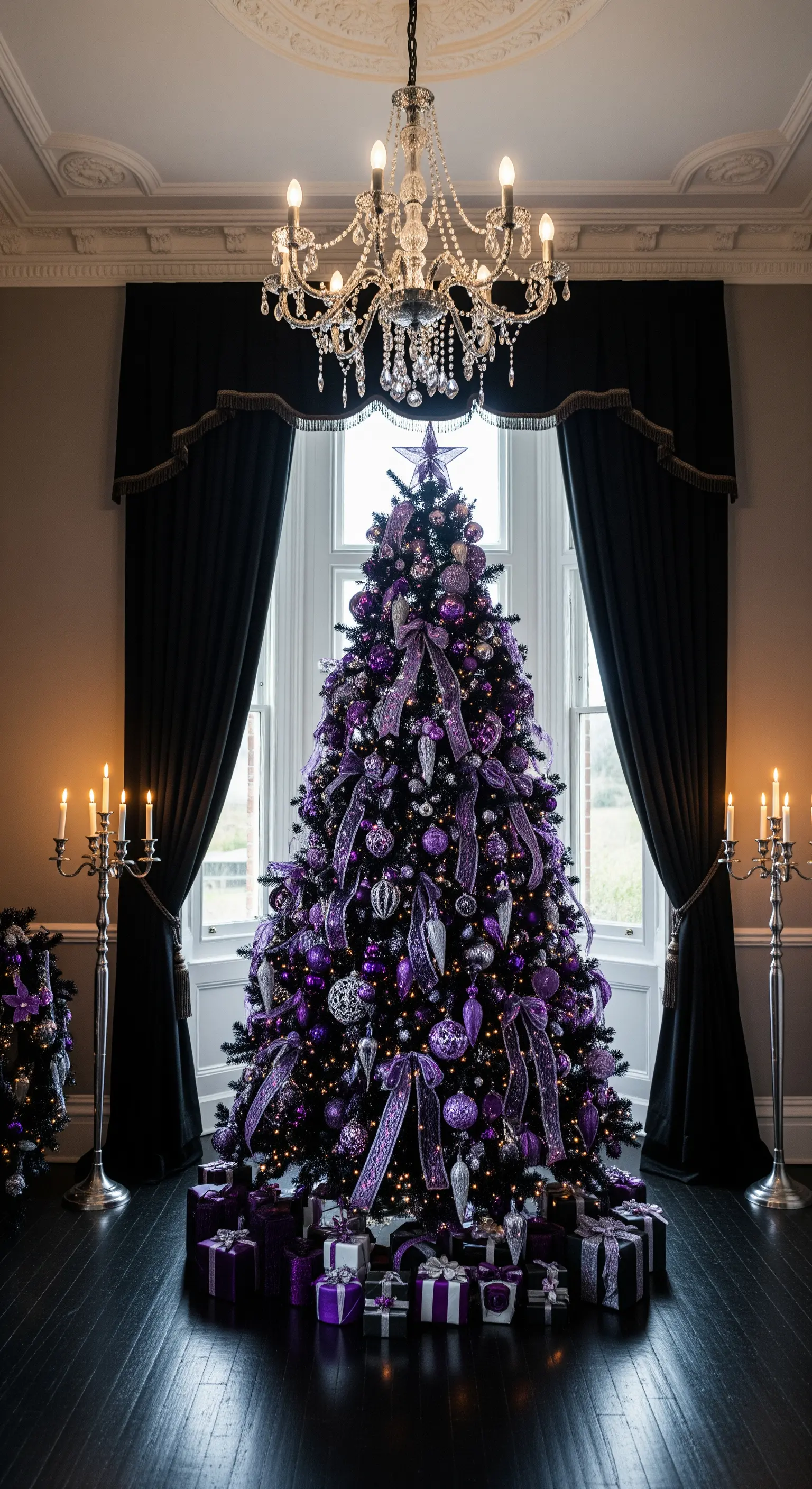 Albero di Natale nero con decorazioni viola intenso e nastri in un salone elegante.