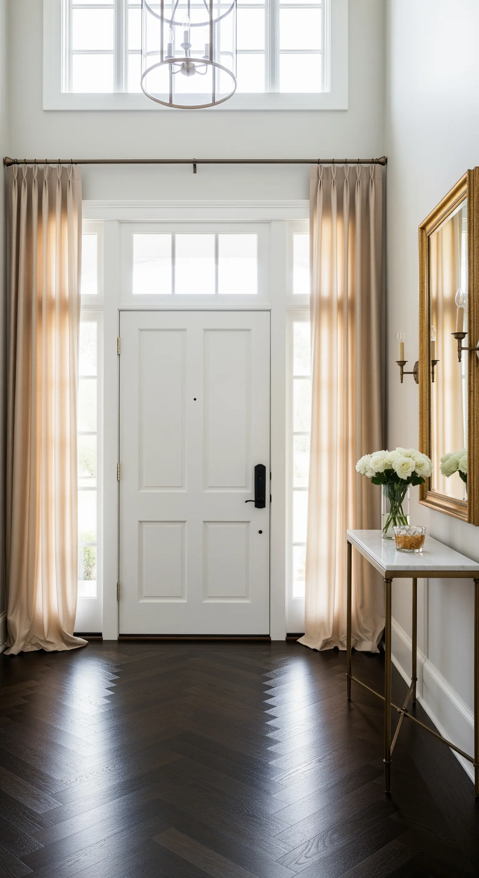 Ingresso elegante con parquet scuro a spina di pesce, tende color champagne e consolle dorata.