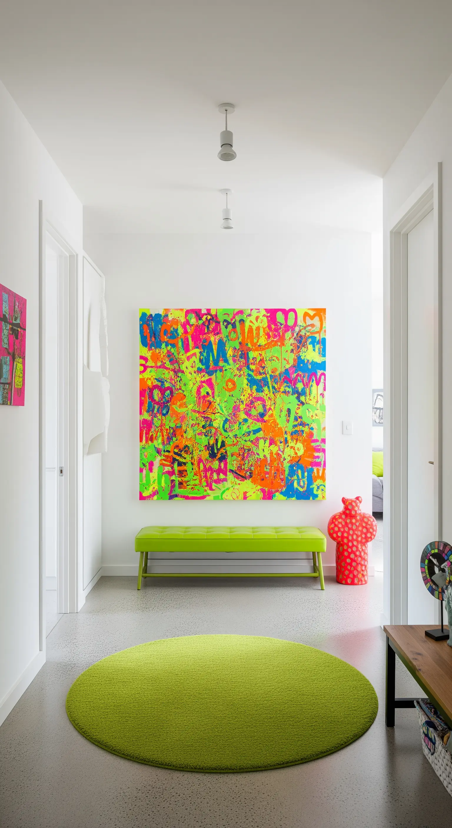 Corridoio bianco con quadro street-art dai colori neon e tappeto rotondo verde lime.