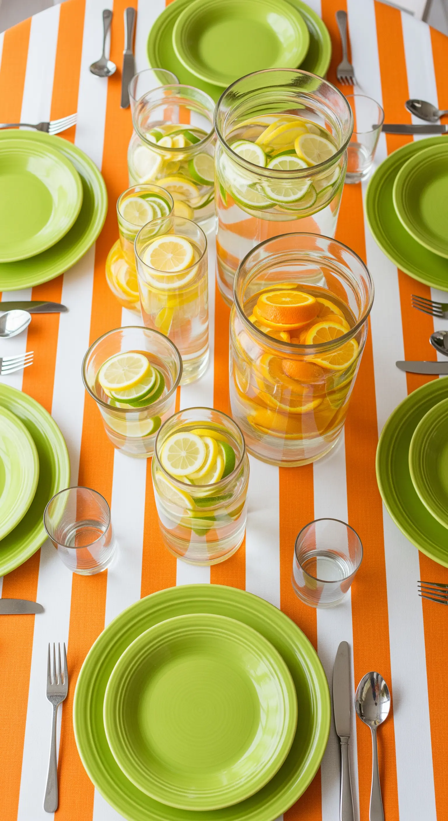 Tavola con tovaglia a righe arancioni, piatti verdi e vasi di vetro con acqua e agrumi.