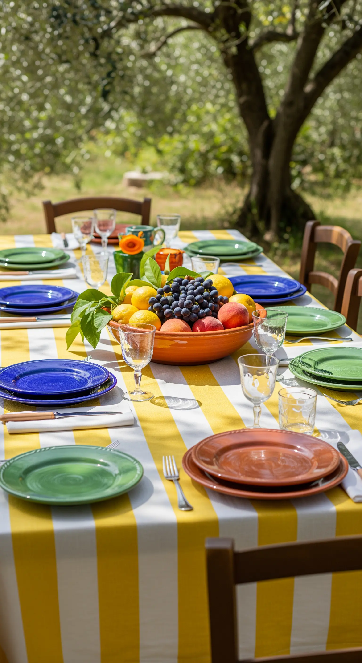 Tavola estiva con tovaglia a righe gialle, piatti colorati e centrotavola di frutta fresca.