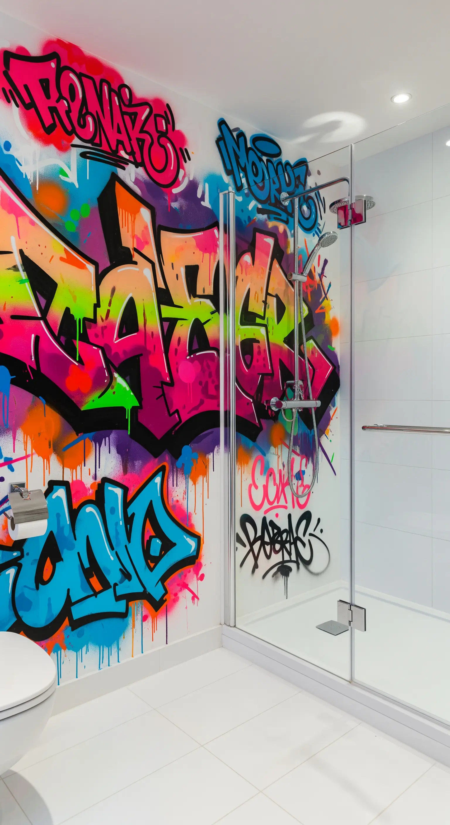 Bagno bianco con un murale colorato in stile graffiti sulla parete accanto alla doccia.
