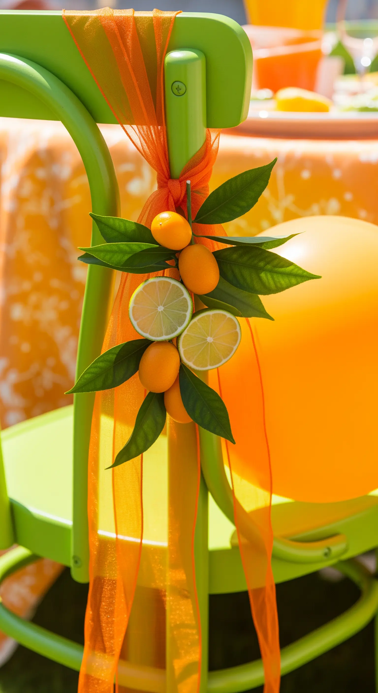 Sedia verde lime con nastro arancione e una piccola ghirlanda di agrumi freschi.