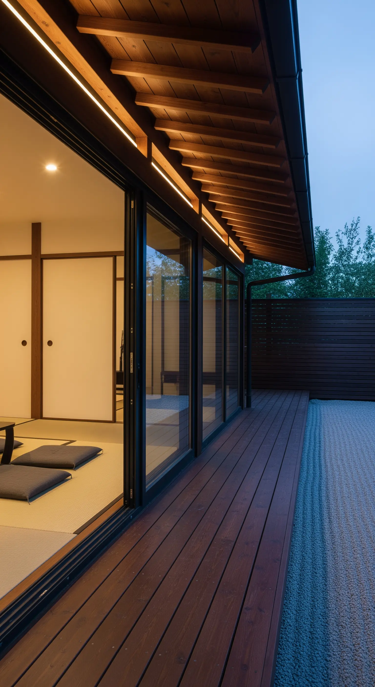 Veranda in stile giapponese con pavimento in legno scuro e luce LED integrata sotto la tettoia