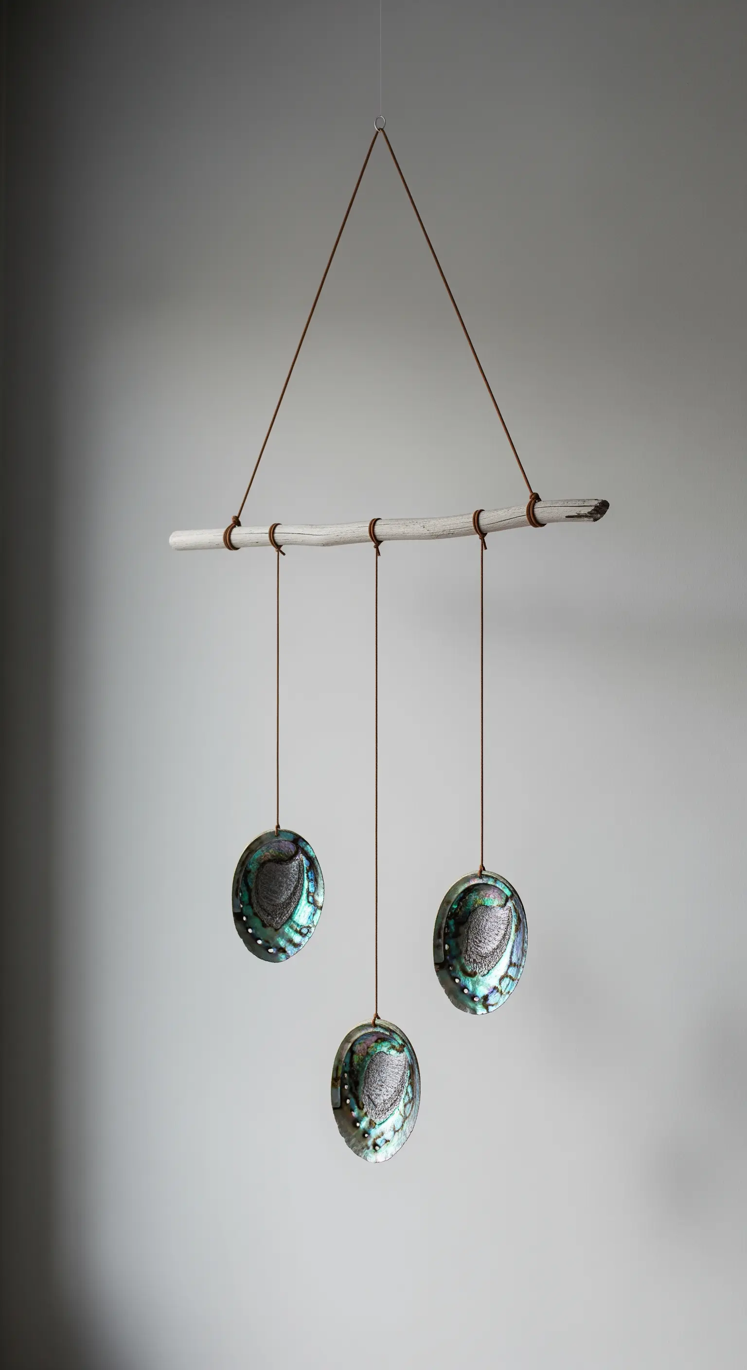 Mobile minimalista con legno sbiancato e tre conchiglie di abalone iridescenti appese.