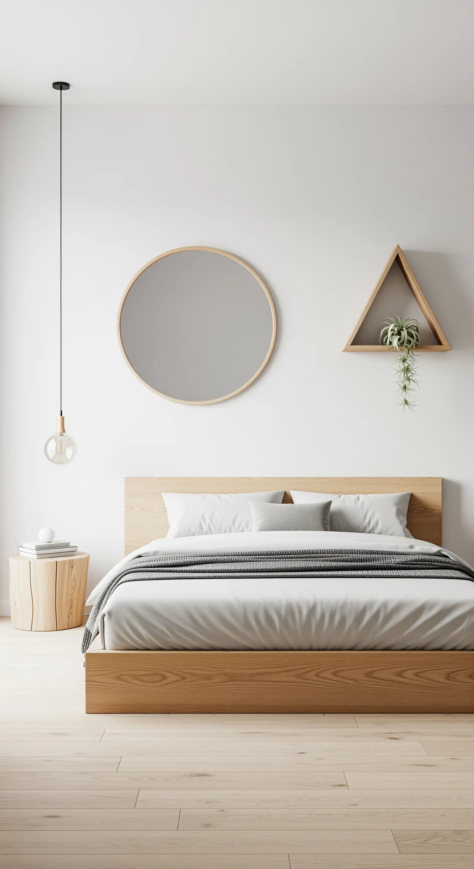 Parete sopra il letto decorata con uno specchio rotondo e una mensola triangolare.
