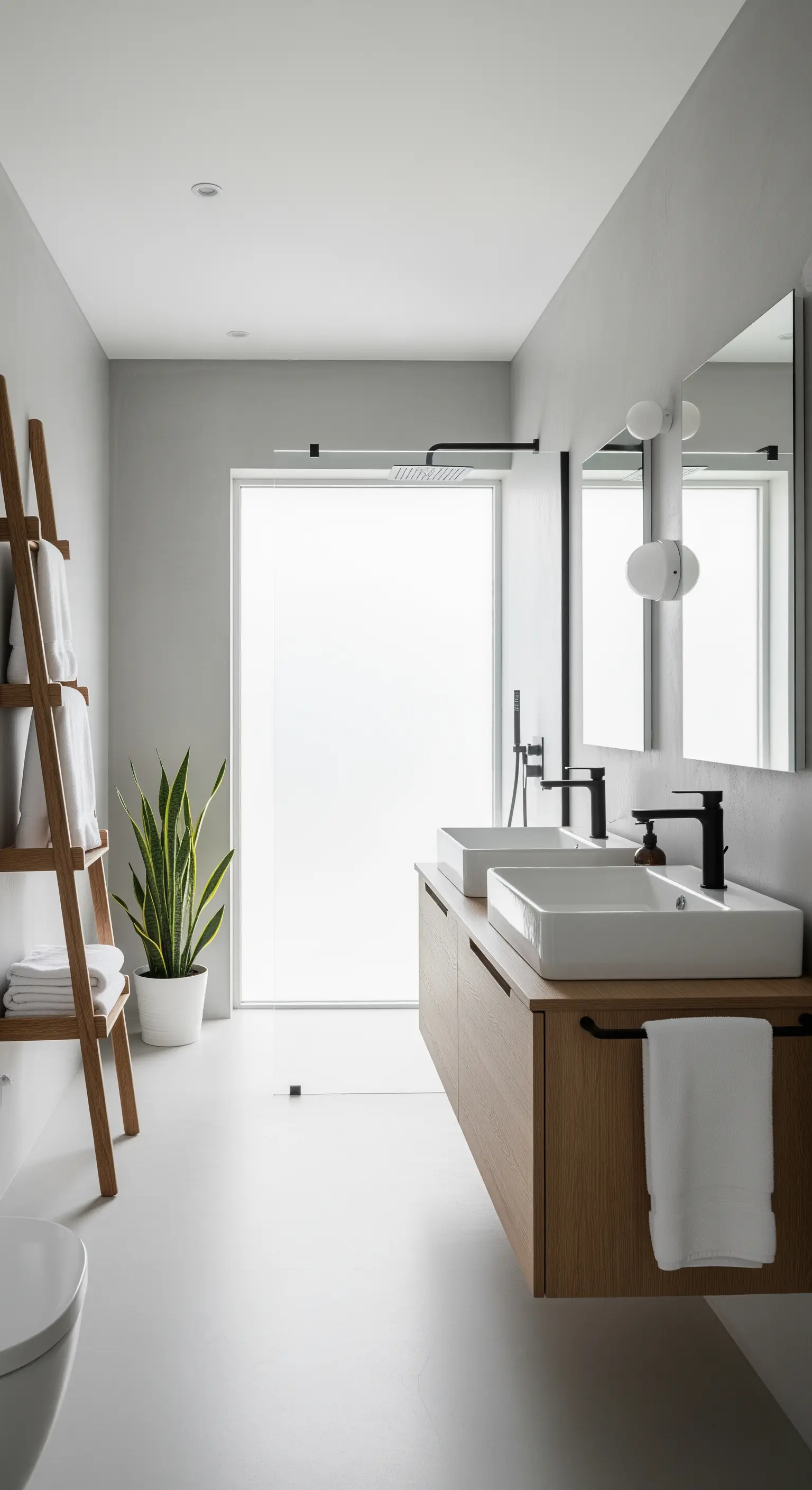 Bagno minimalista con doppio lavabo su mobile in legno e pareti grigio chiaro.
