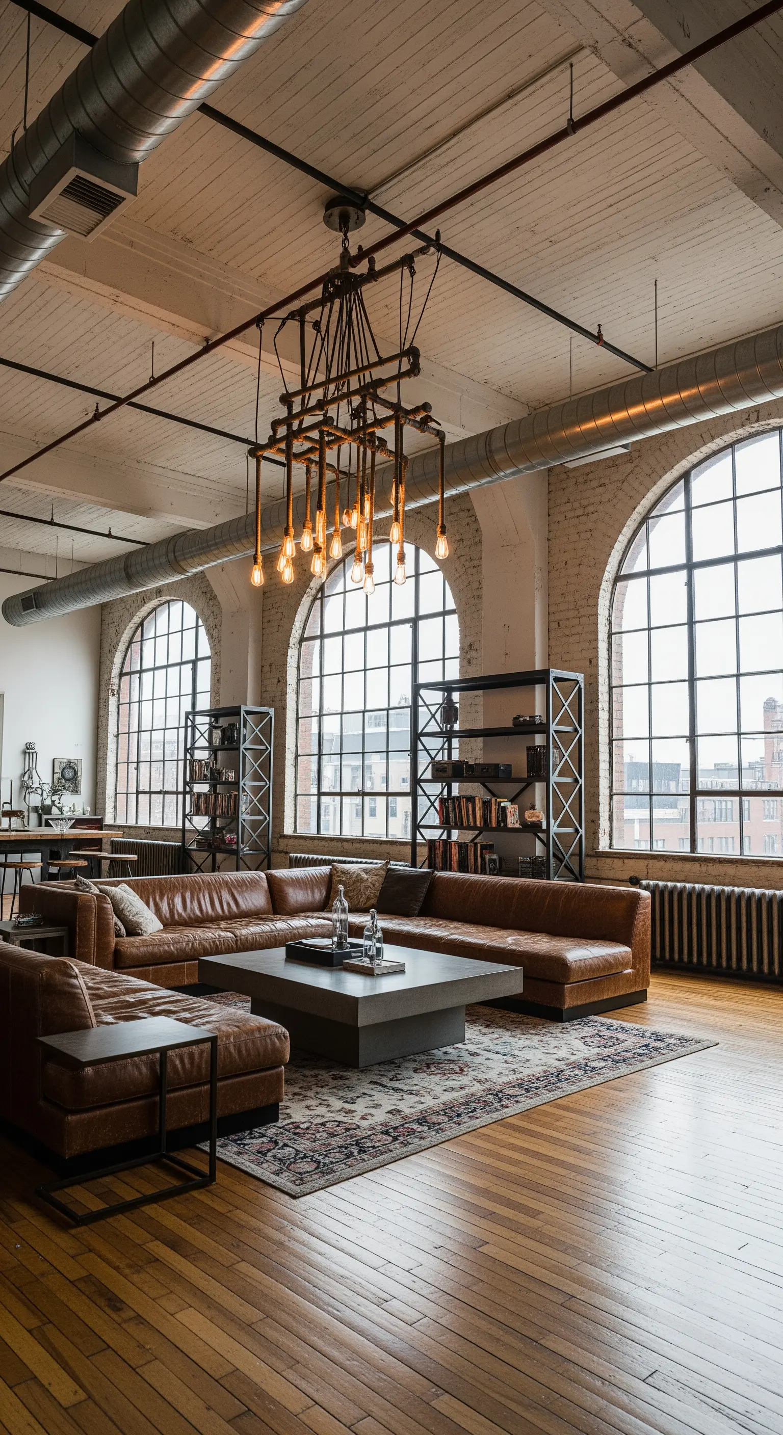Loft industriale con divano in pelle, finestre ad arco e lampadario con lampadine Edison.