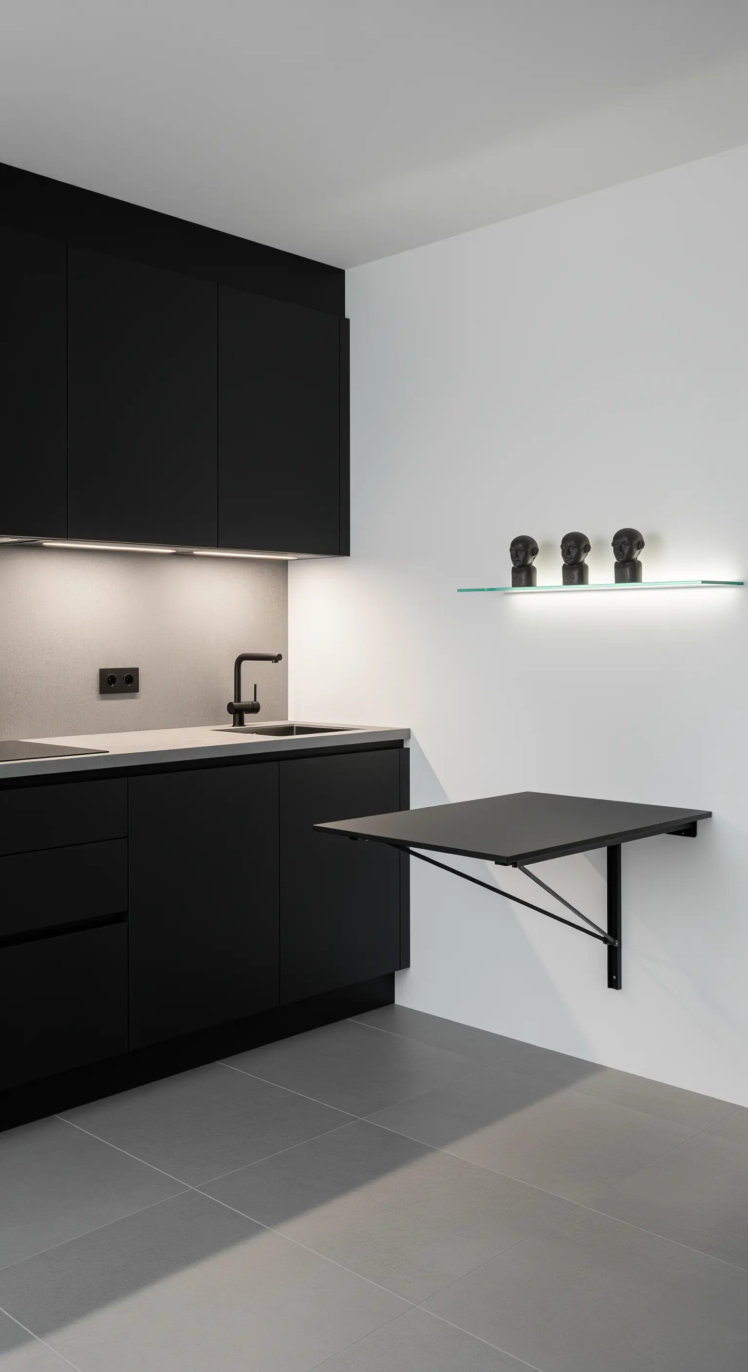 Cucina minimalista total black con tavolo a ribalta nero e mensola in vetro illuminata.