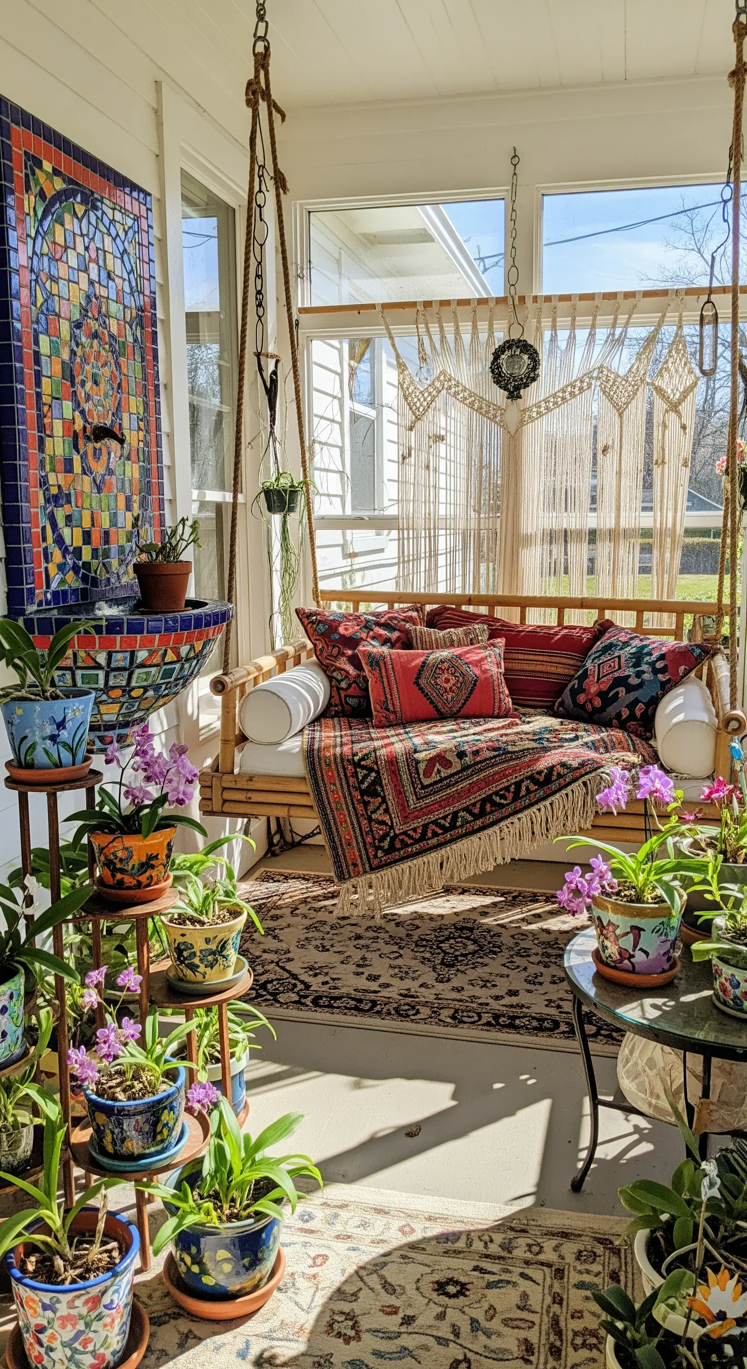 Portico bohémien con dondolo sospeso, tappeti etnici, fontana a mosaico e tante orchidee in vasi colorati.