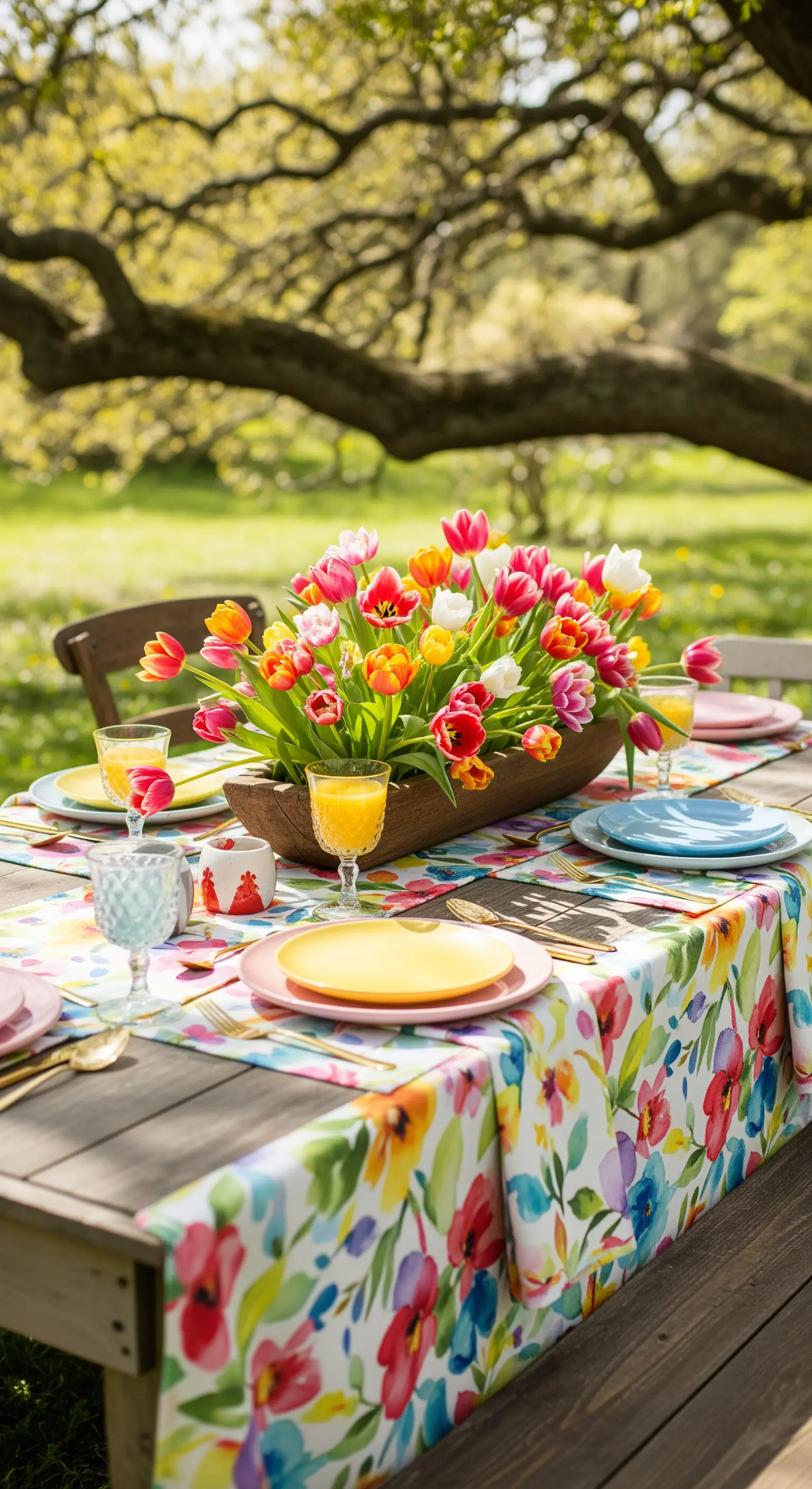 Tavola primaverile con tovaglia floreale acquerello e centrotavola di tulipani colorati.