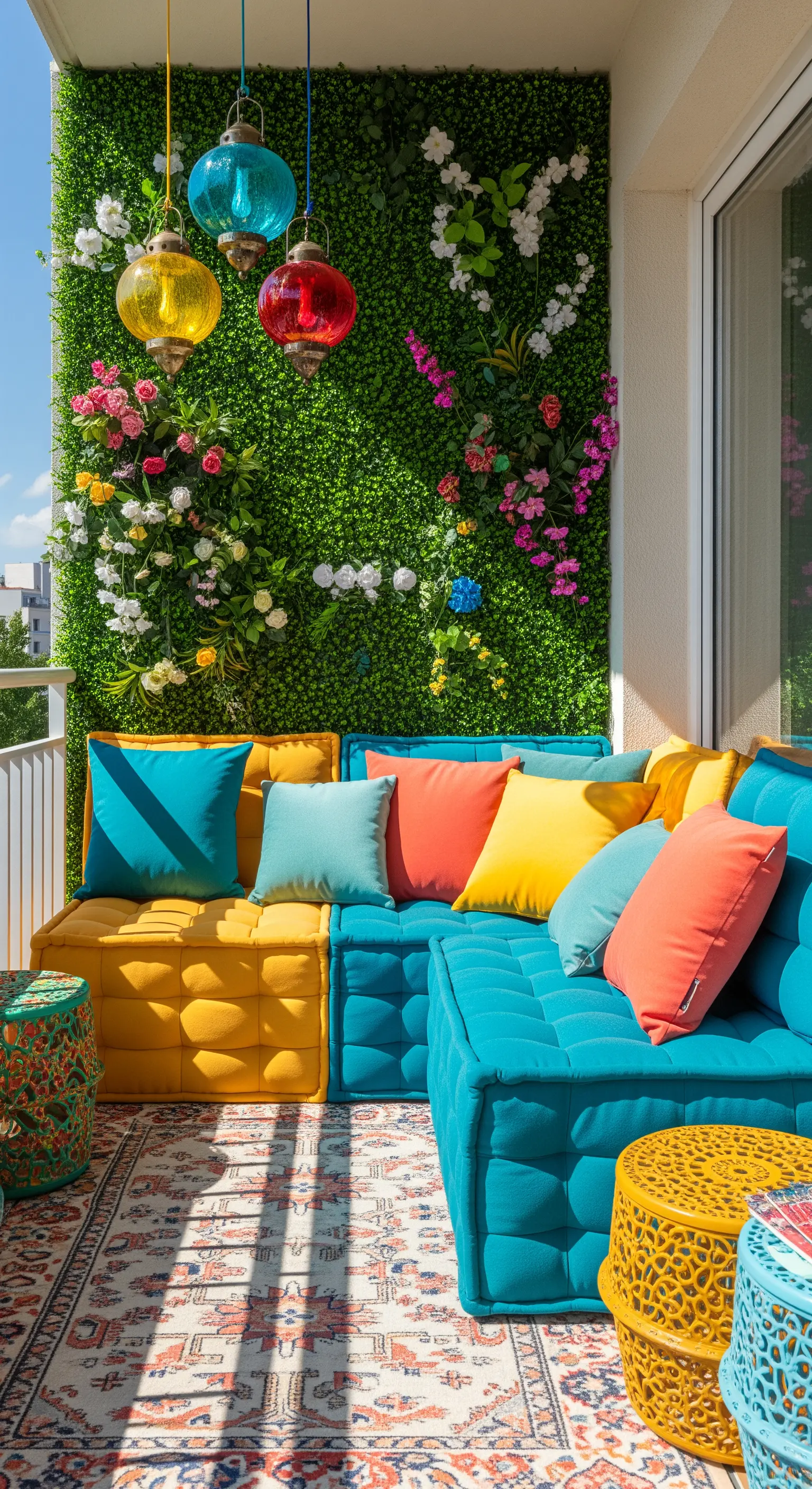 Balcone bohémien con divano modulare colorato, tappeto etnico e lanterne sospese.