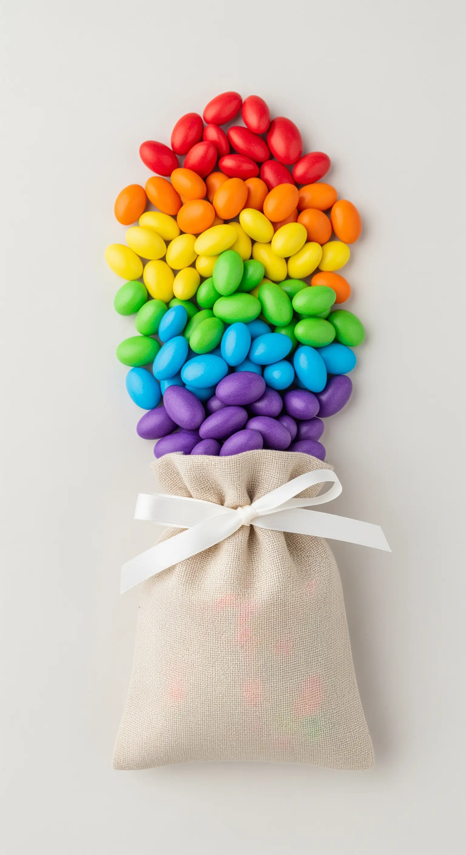Sacchetto di lino neutro da cui esce una cascata di confetti color arcobaleno.