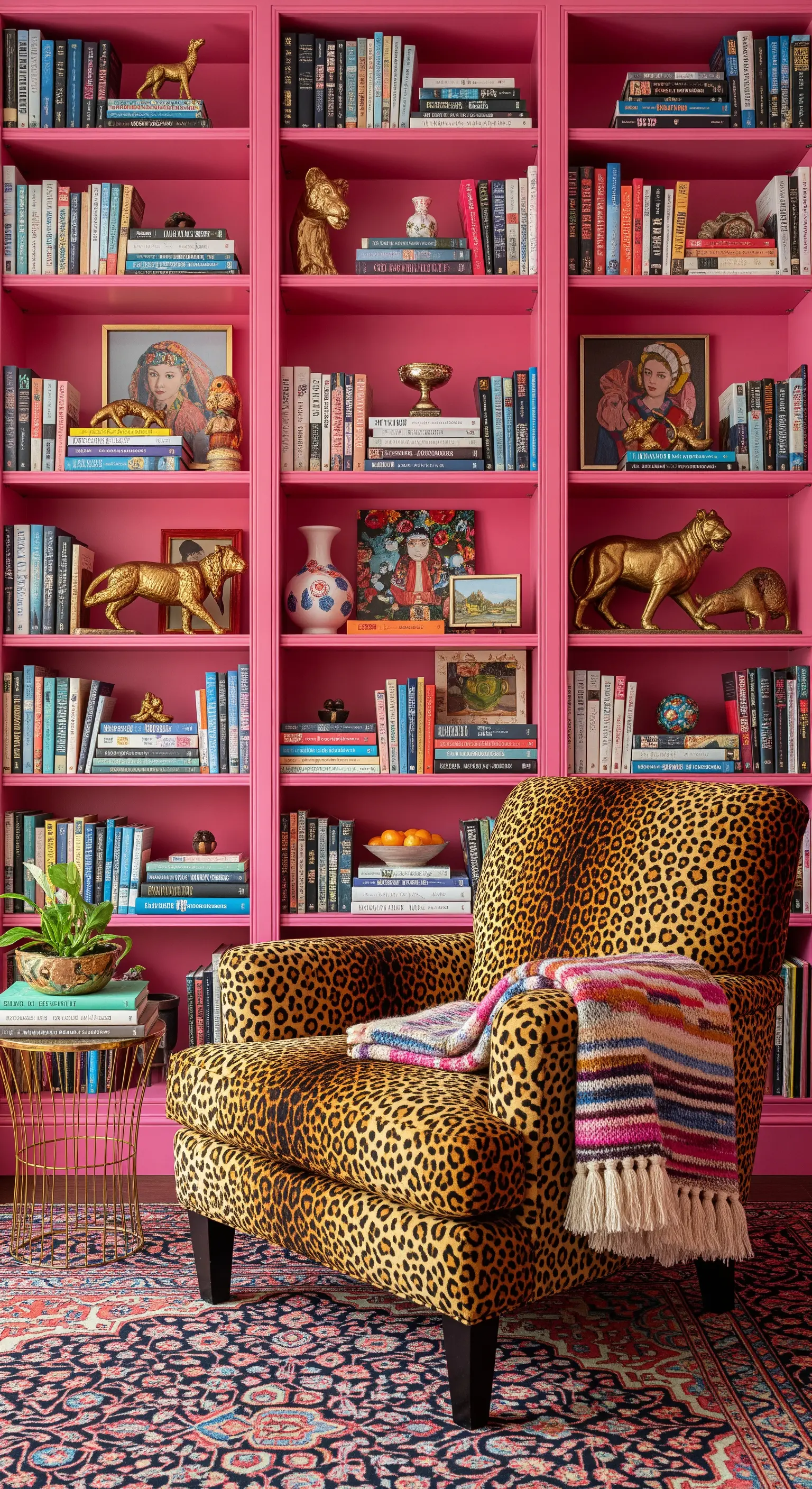 Libreria rosa shocking con poltrona leopardata e tappeto persiano colorato.