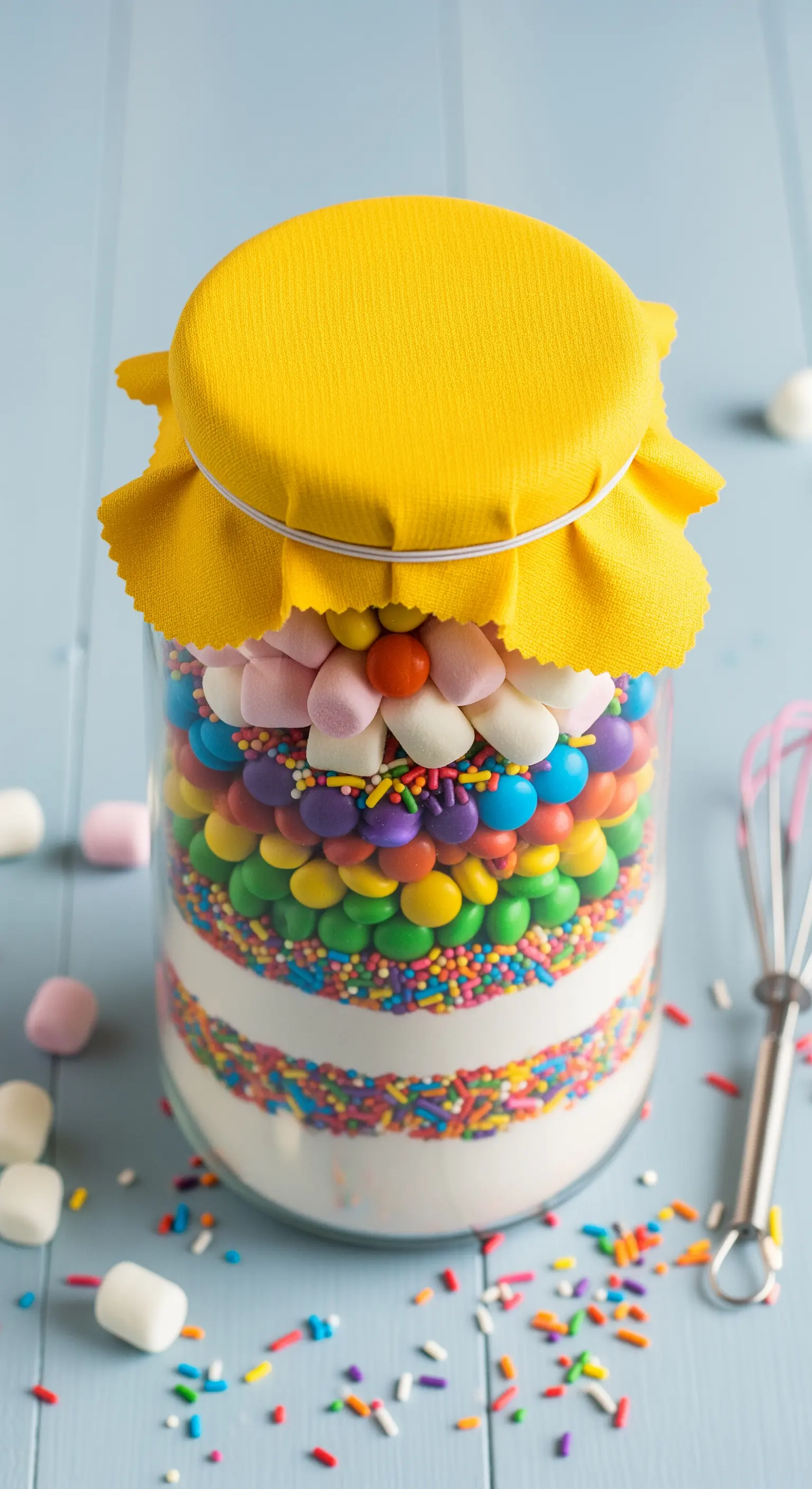 Barattolo di dolci coloratissimo con strati di zuccherini, confetti e marshmallow a forma di fiore.
