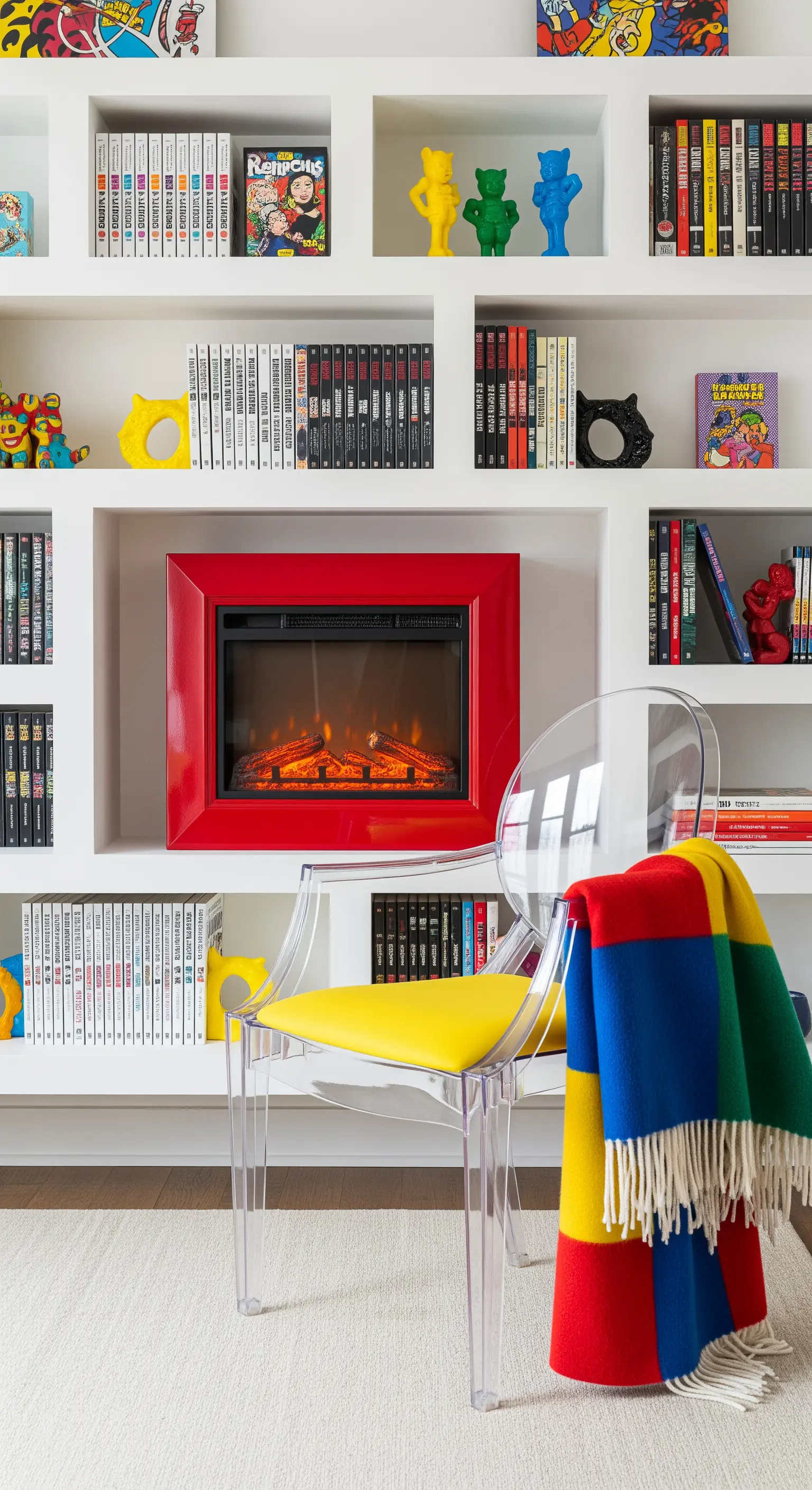 Angolo lettura Pop Art con libreria bianca, camino rosso e sedia trasparente.