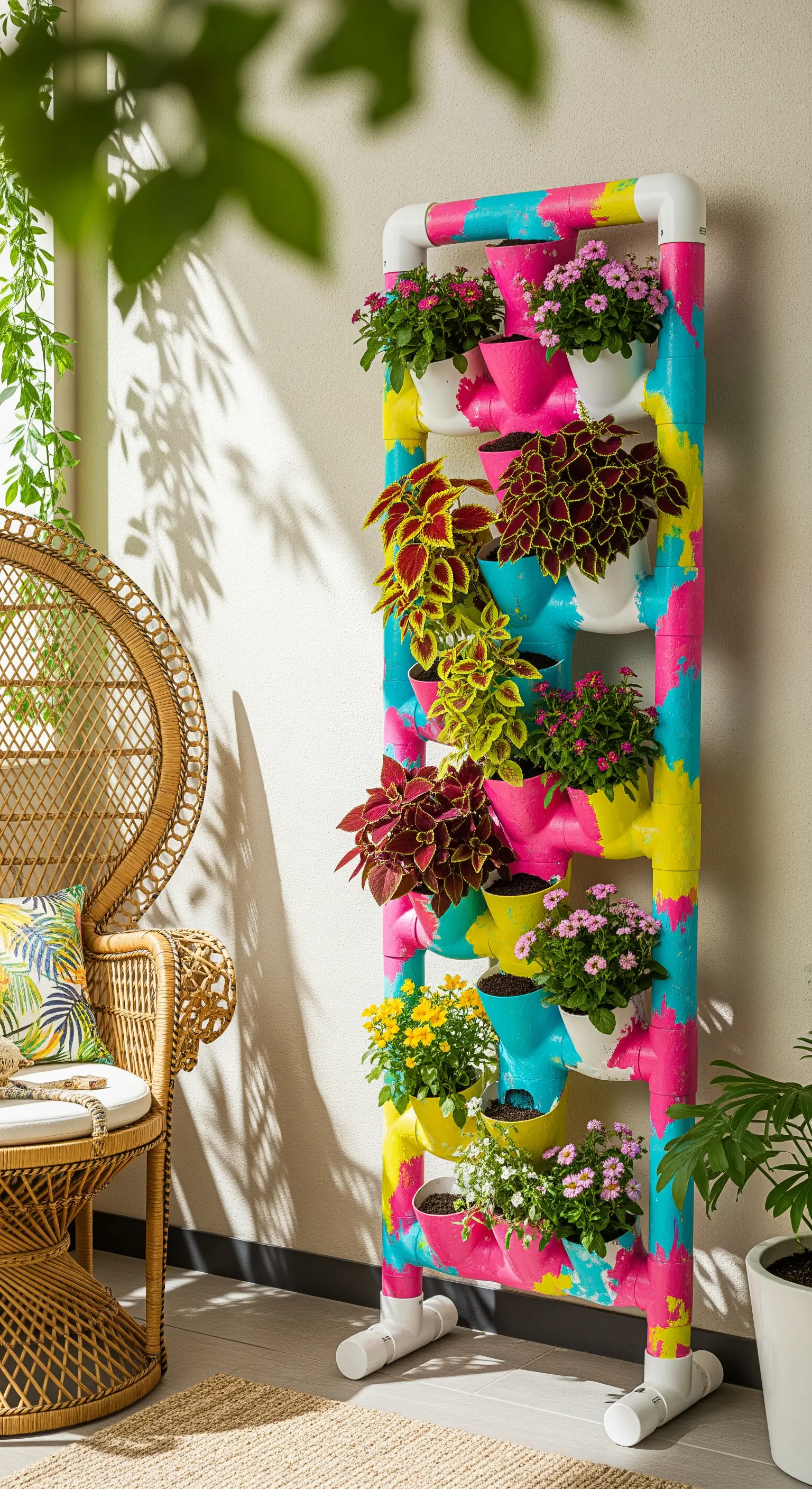 Fioriera verticale in PVC con macchie e colature di vernice fucsia, gialla e blu.