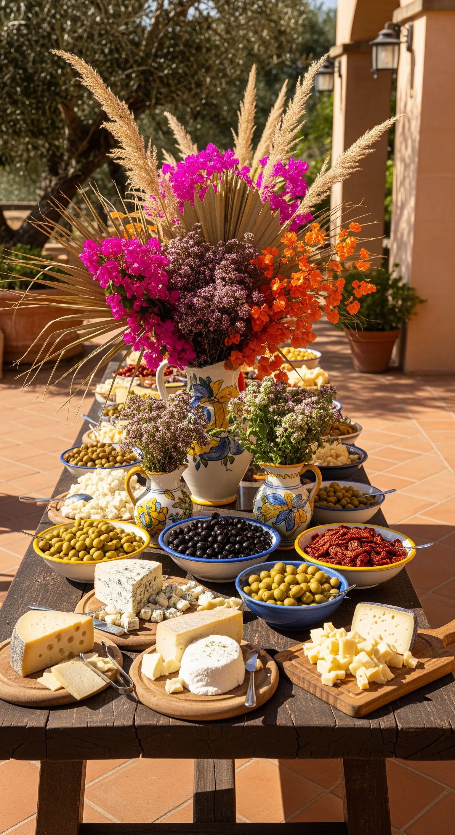 Buffet rustico all'aperto con formaggi, olive e un grande bouquet di fiori colorati.