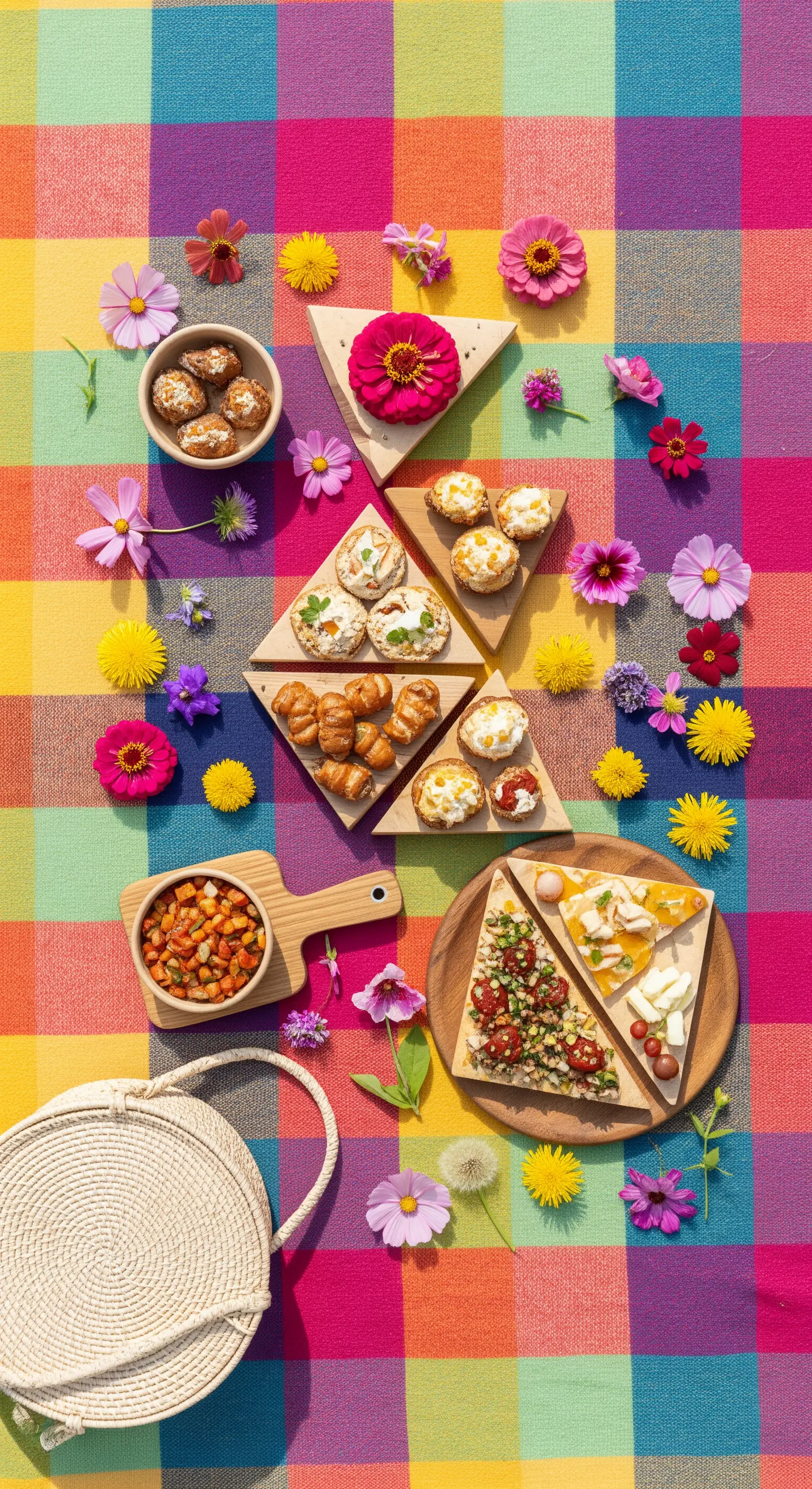 Allestimento picnic visto dall'alto su una tovaglia patchwork con cibo e fiori sparsi