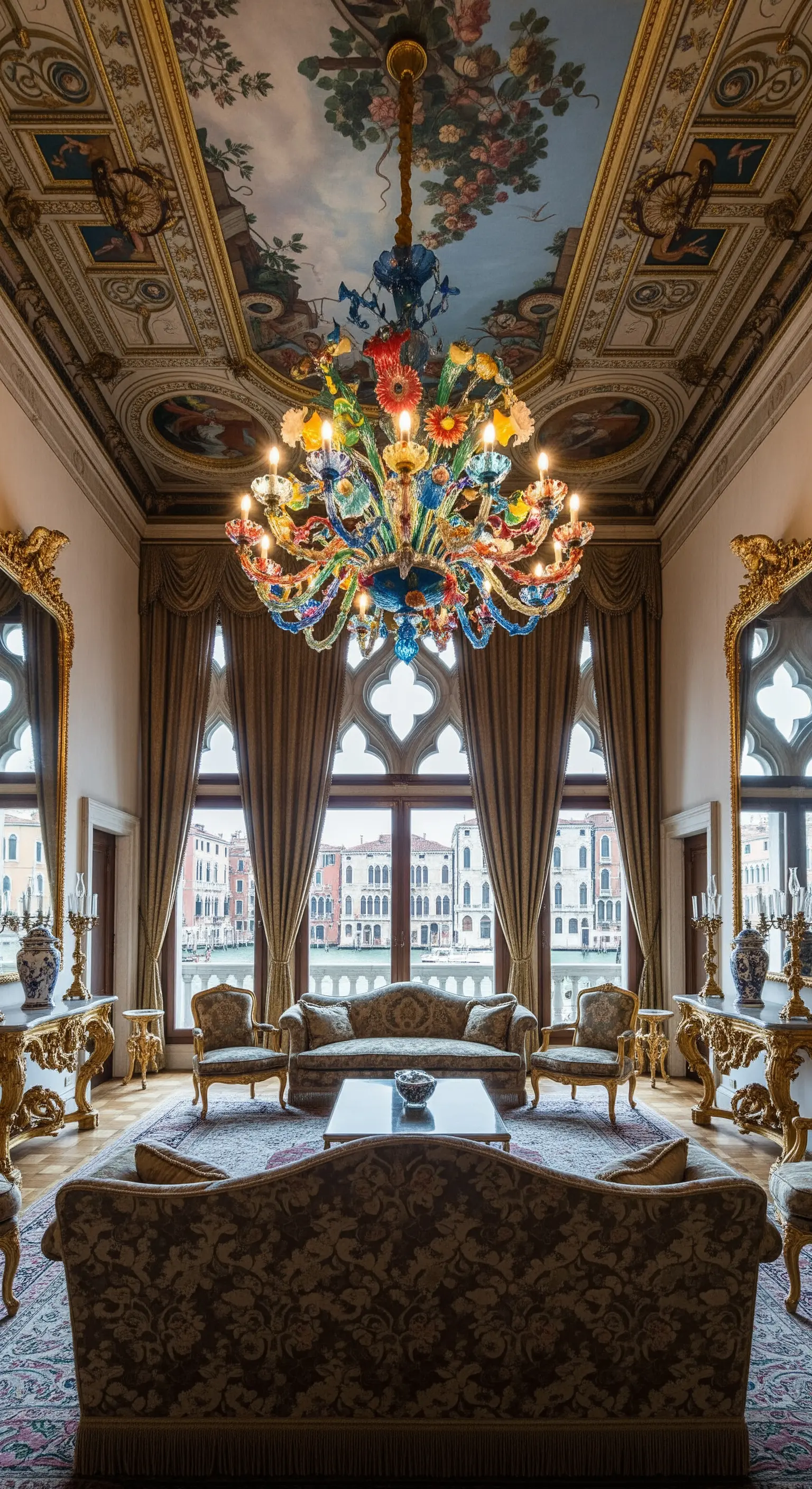 Salone di un palazzo veneziano con affreschi e un lampadario floreale in vetro di Murano colorato.