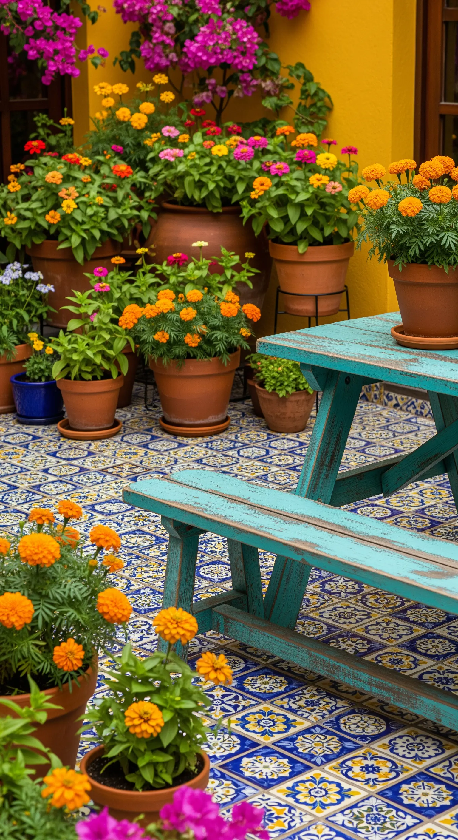 Patio colorato con tavolo turchese, piastrelle maiolicate e vasi di fiori arancioni.