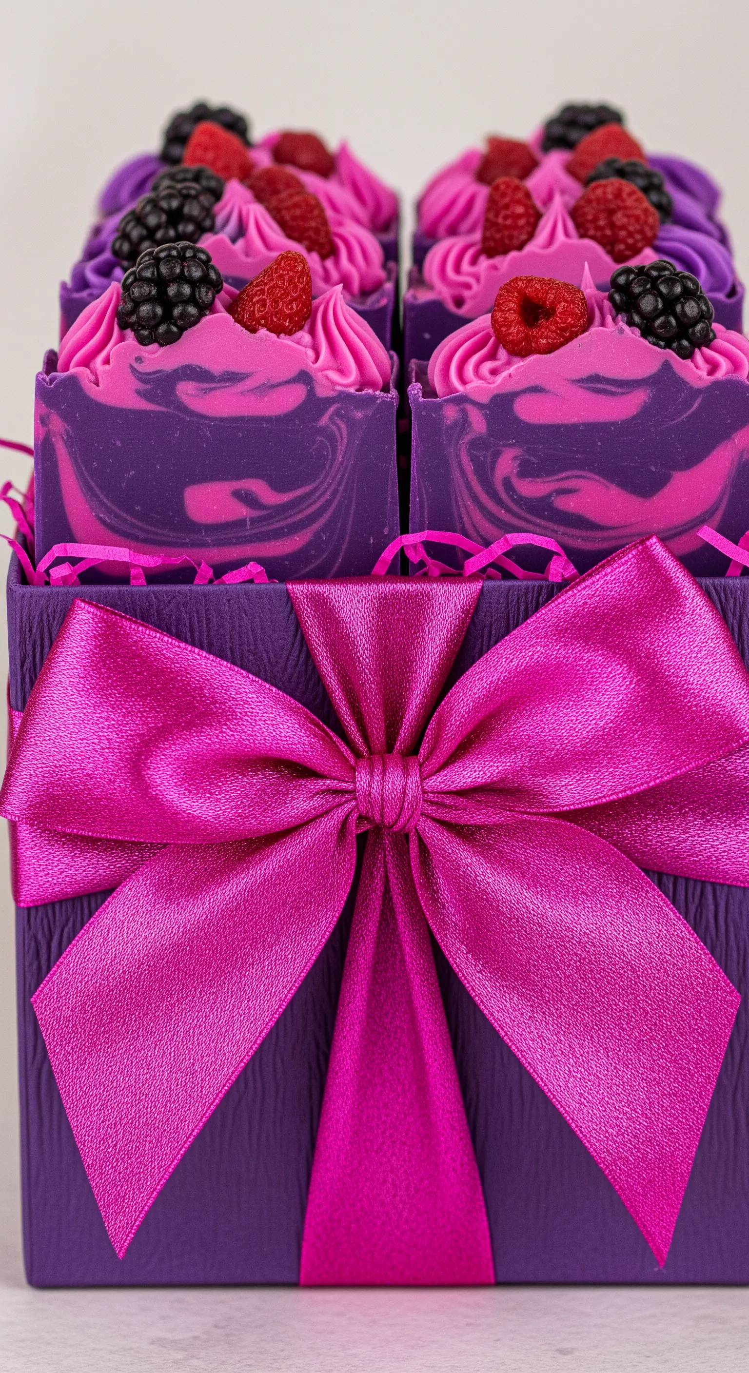 Saponi viola e fucsia decorati con frutti di bosco in una scatola viola con fiocco magenta.
