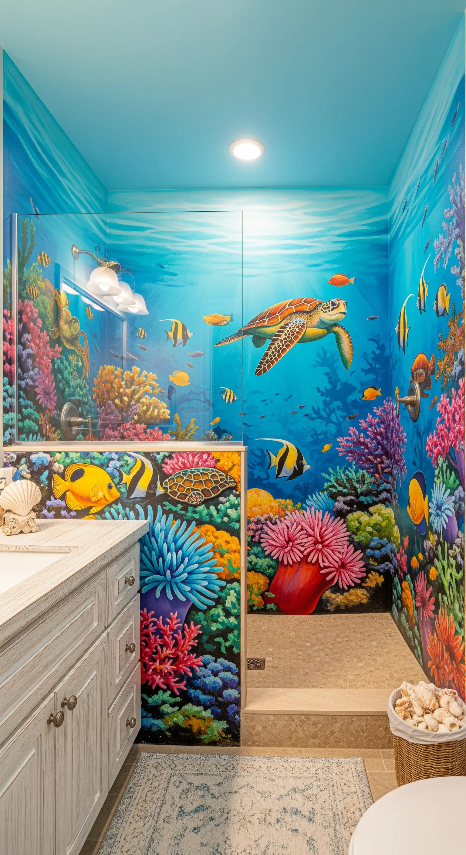 Bagno a tema marino con murale coloratissimo di una barriera corallina e pesci tropicali.