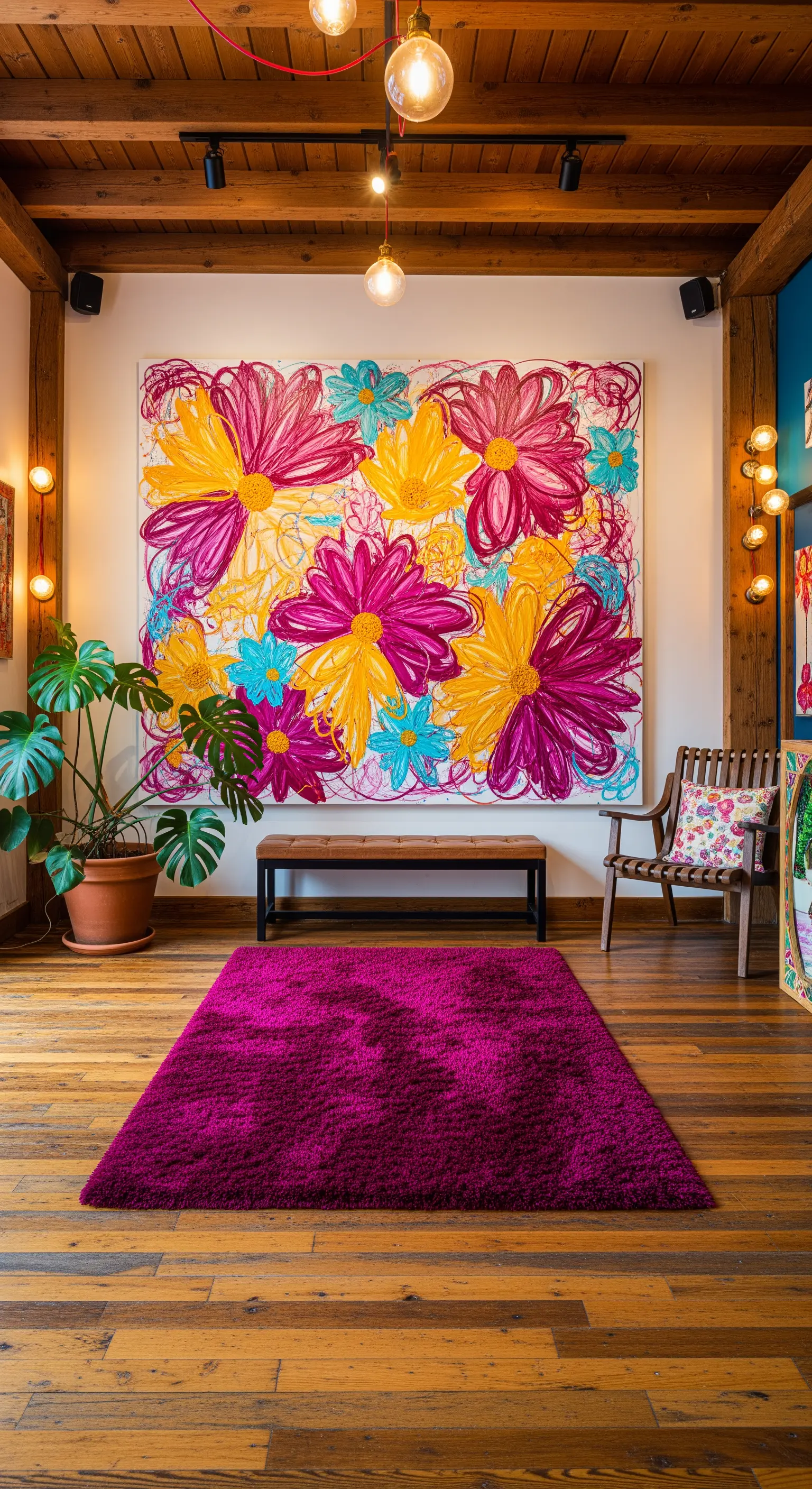 Ingresso rustico-bohémien con quadro floreale gigante e tappeto a pelo lungo magenta.