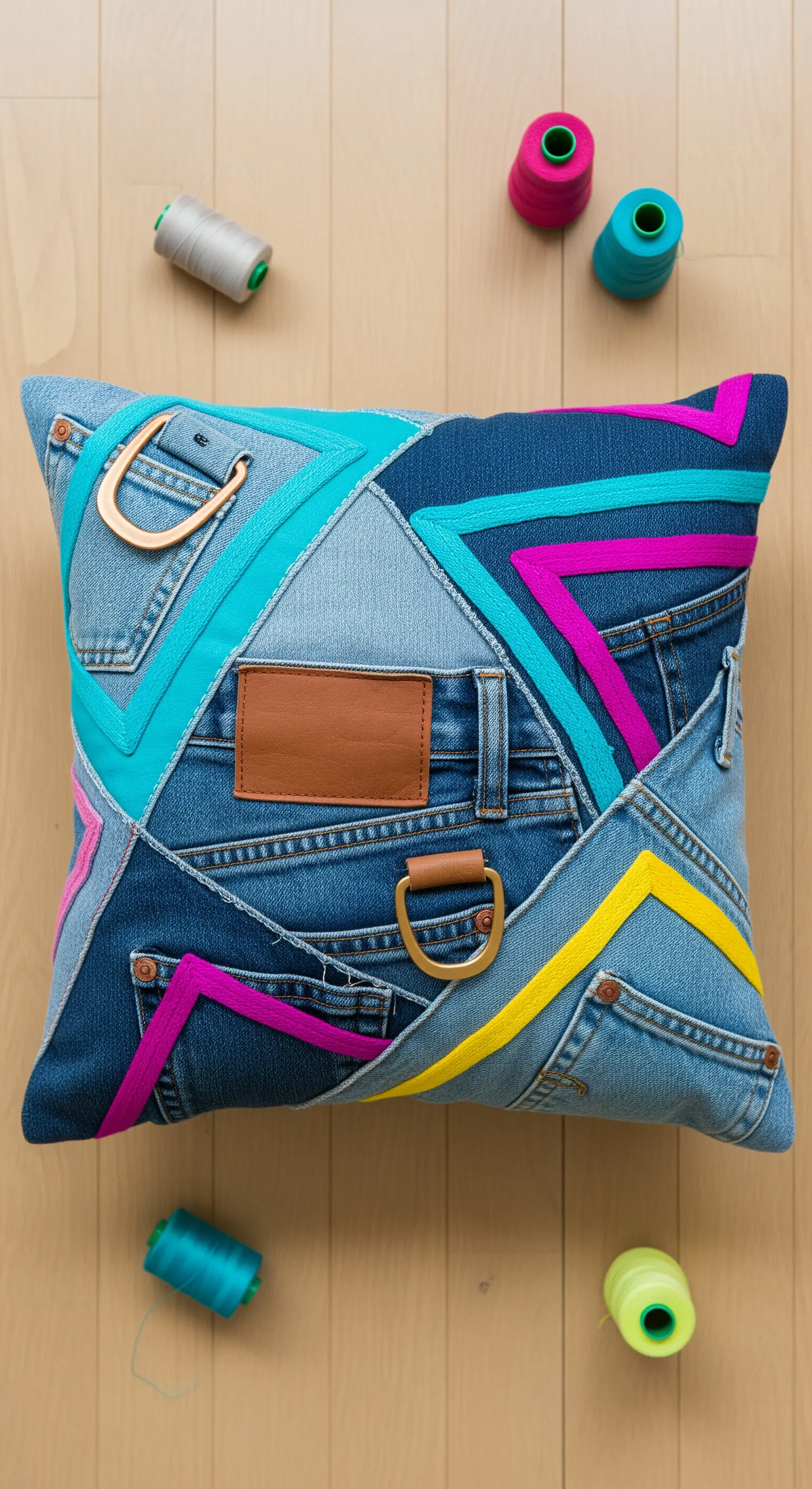 Cuscino patchwork in denim con nastri colorati al neon e dettagli metallici recuperati dai jeans.