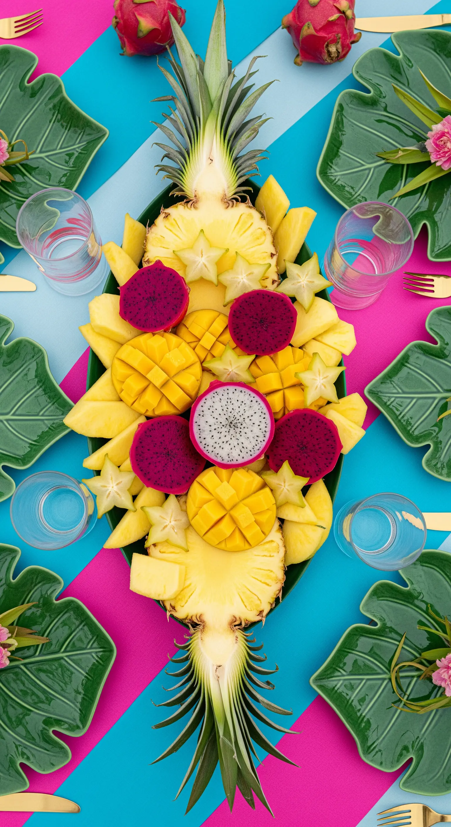 Composizione di frutta tropicale su una tovaglia a blocchi di colore vivaci.