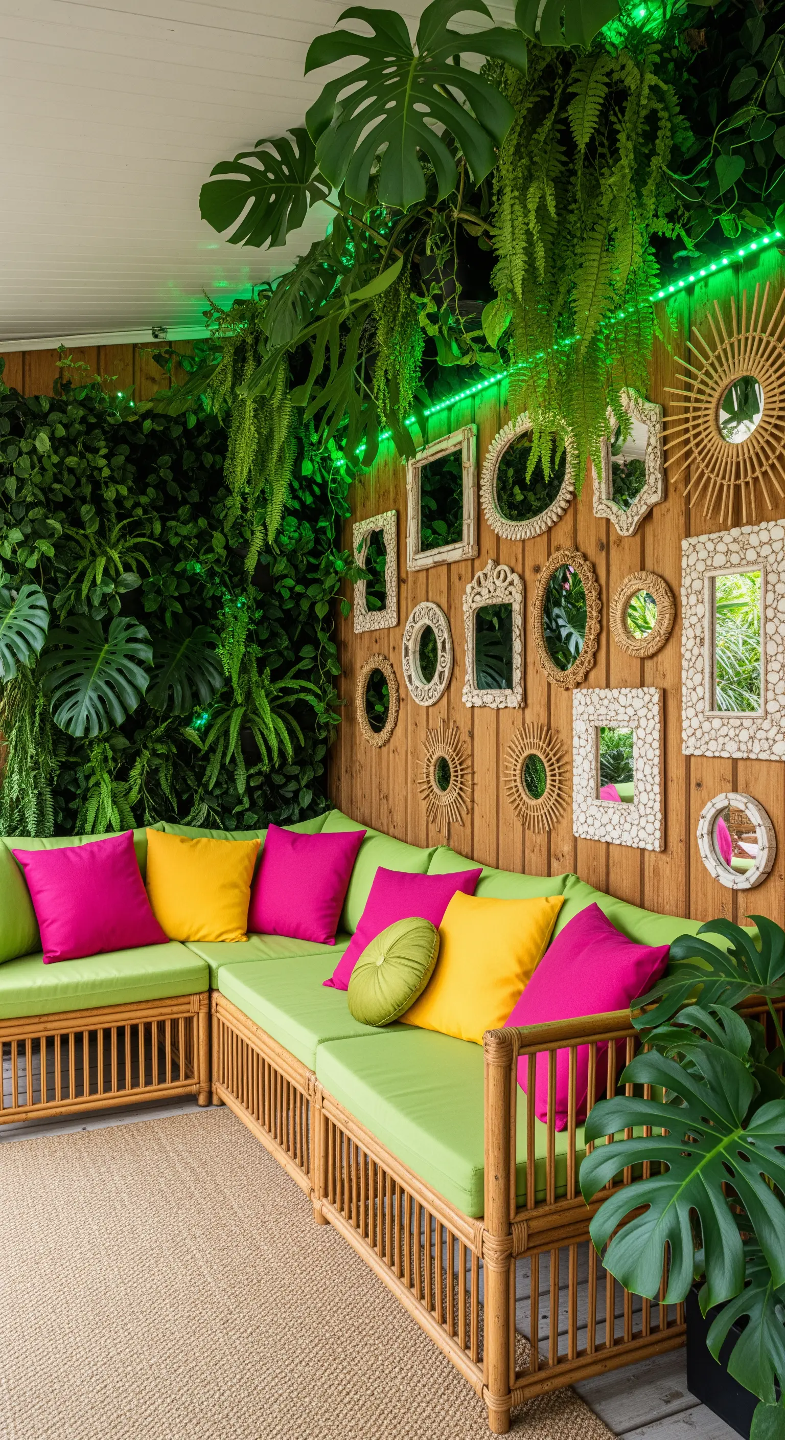 Veranda tropicale con divani in bambù, cuscini colorati e una parete piena di specchi diversi.