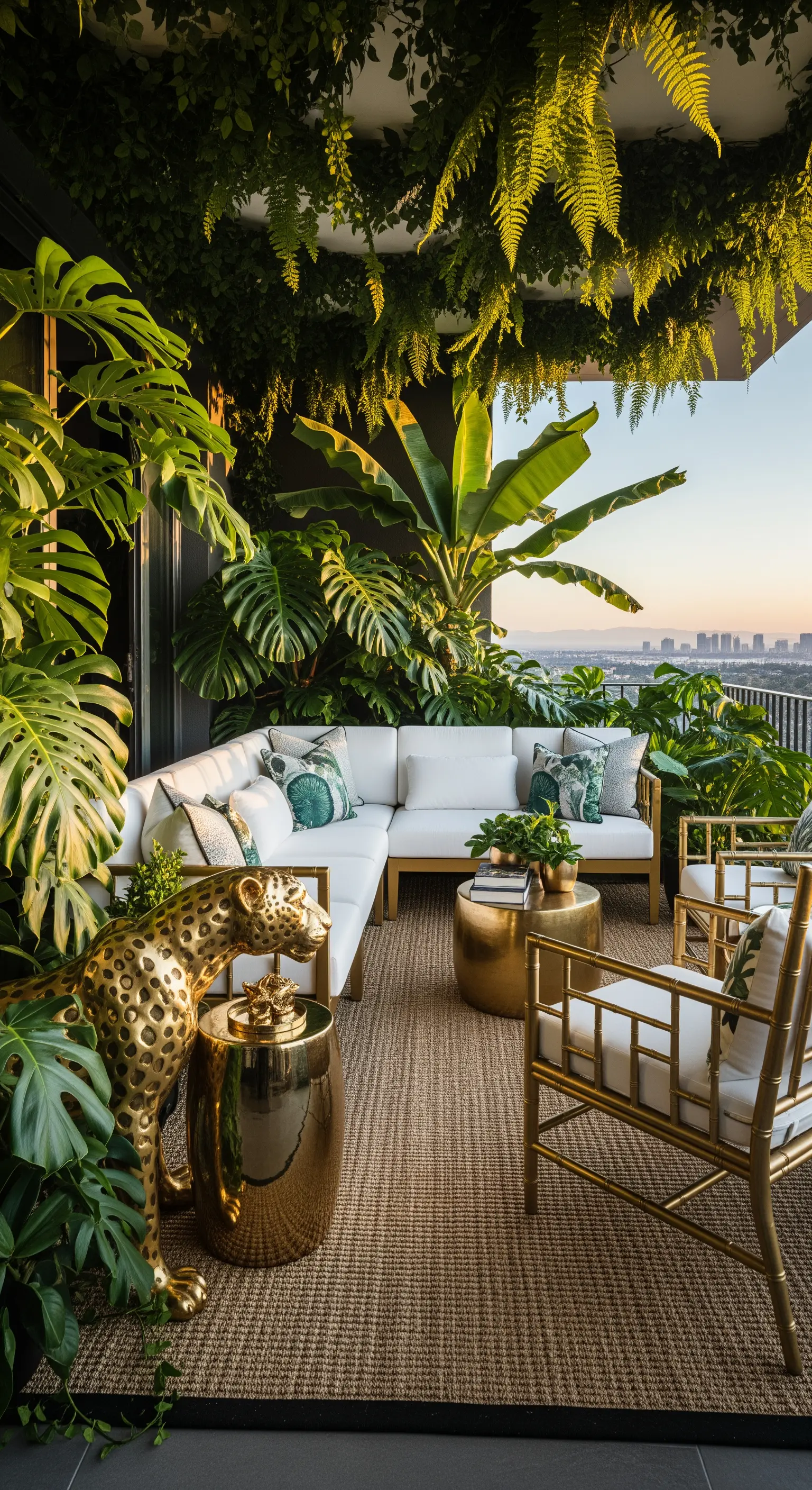 Balcone lussureggiante in stile jungle con divano bianco, dettagli dorati e una statua di leopardo.